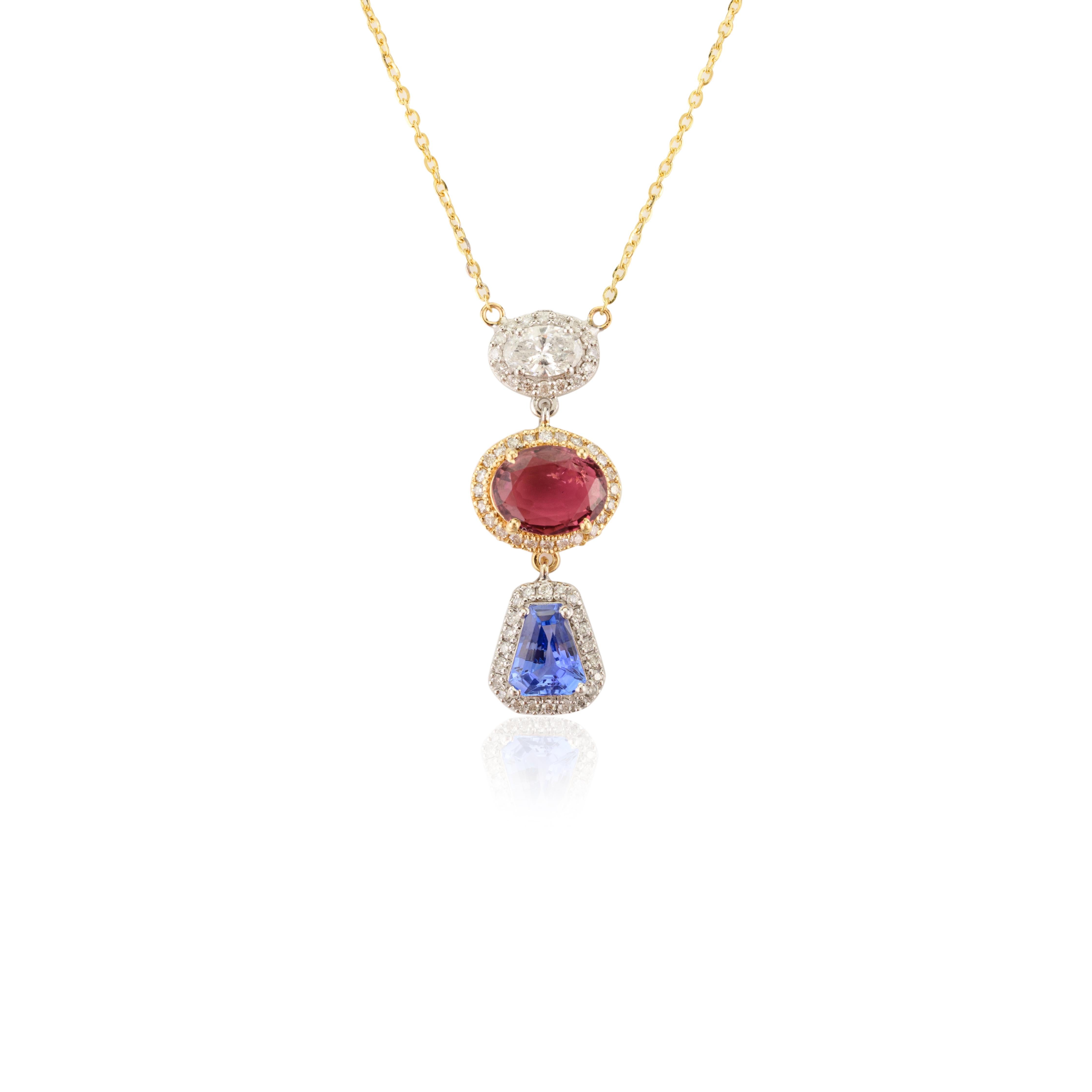 Multi Sapphire Diamond Halo Long Pendant Chain Necklace in 18k Solid Yellow Gold In New Condition For Sale In New York, NY