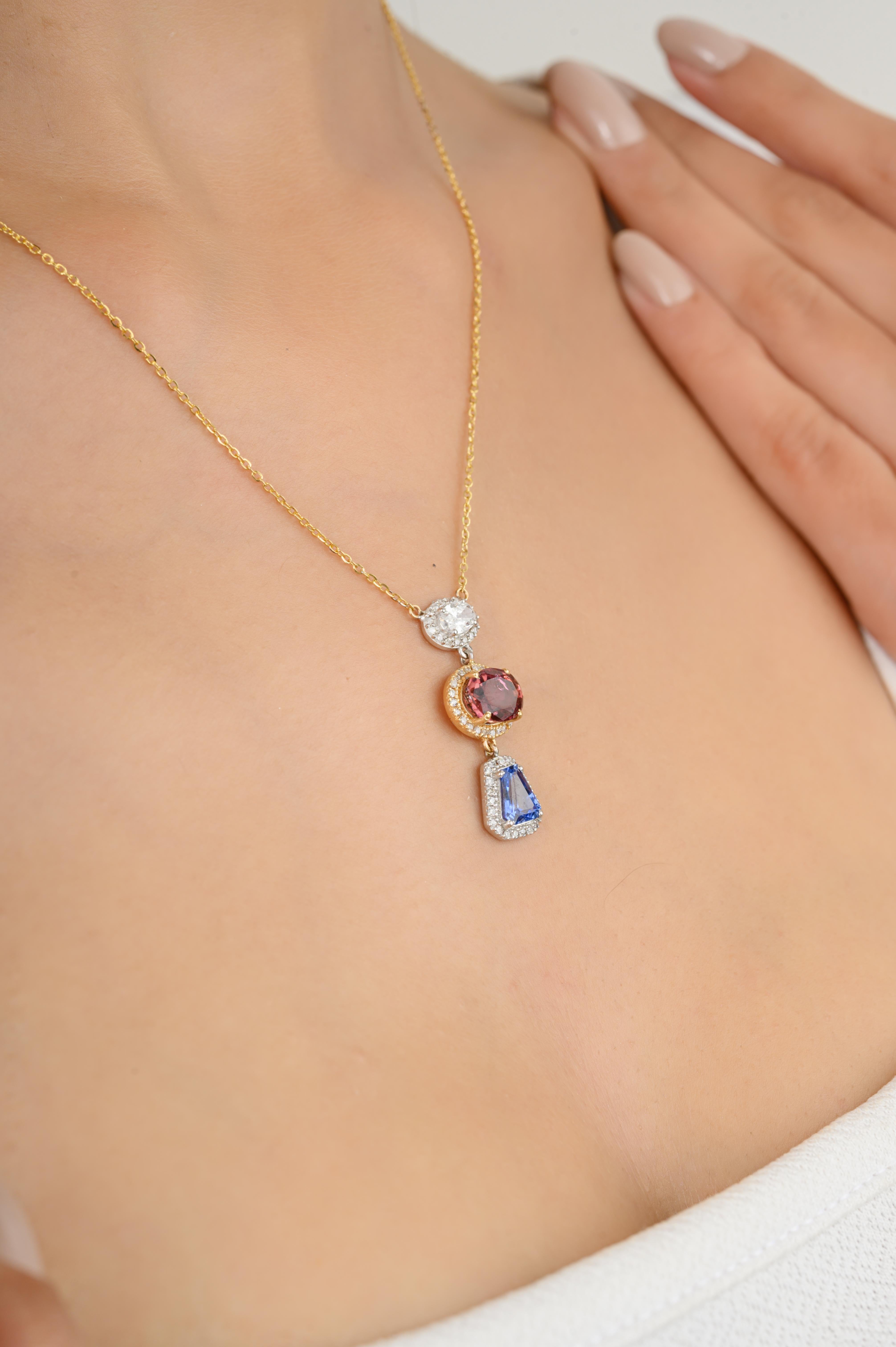 Women's Multi Sapphire Diamond Halo Long Pendant Chain Necklace in 18k Solid Yellow Gold For Sale