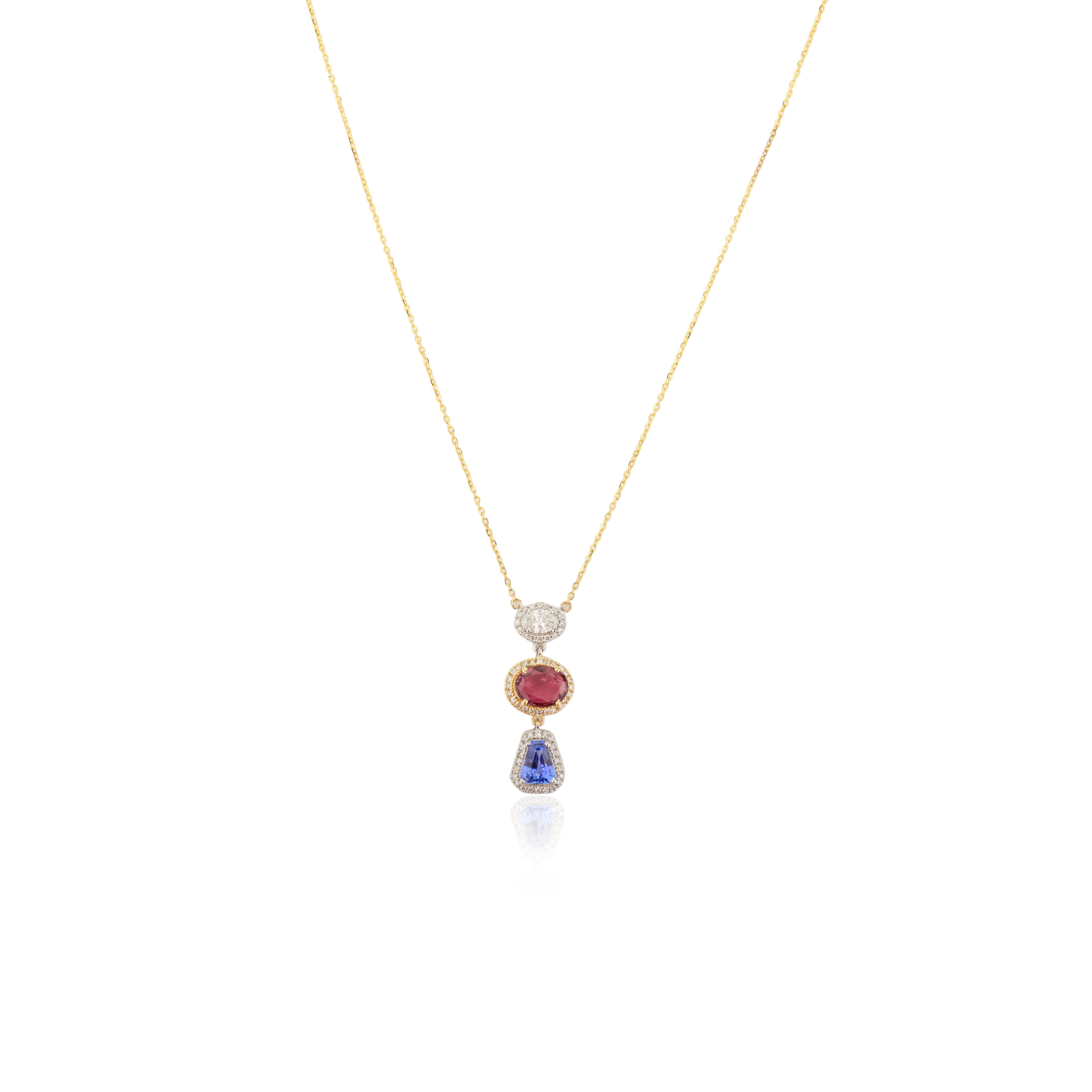 Multi Sapphire Diamond Halo Long Pendant Chain Necklace in 18k Solid Yellow Gold For Sale 2