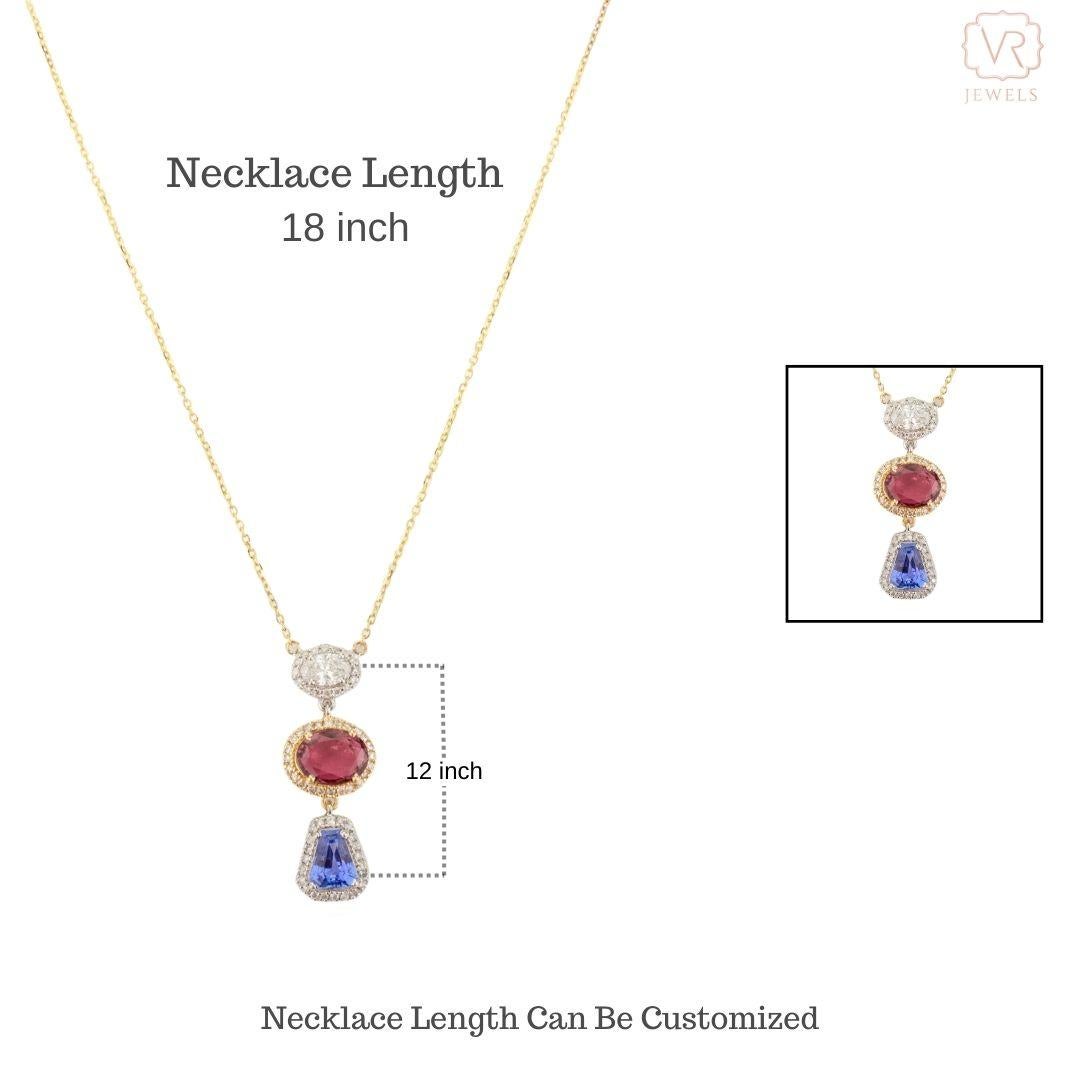 Multi Sapphire Diamond Halo Long Pendant Chain Necklace in 18k Solid Yellow Gold For Sale 3