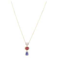 Multi Sapphire Diamond Halo Long Pendant Chain Necklace in 18k Solid Yellow Gold