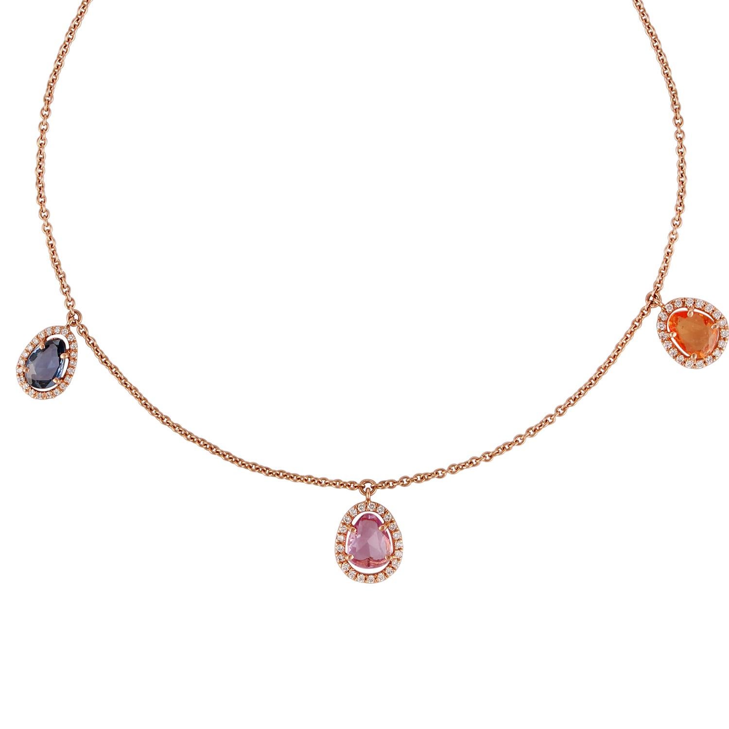 Contemporary Multi-Sapphire and Diamond Necklace Studded in 18 Karat Rose Gold