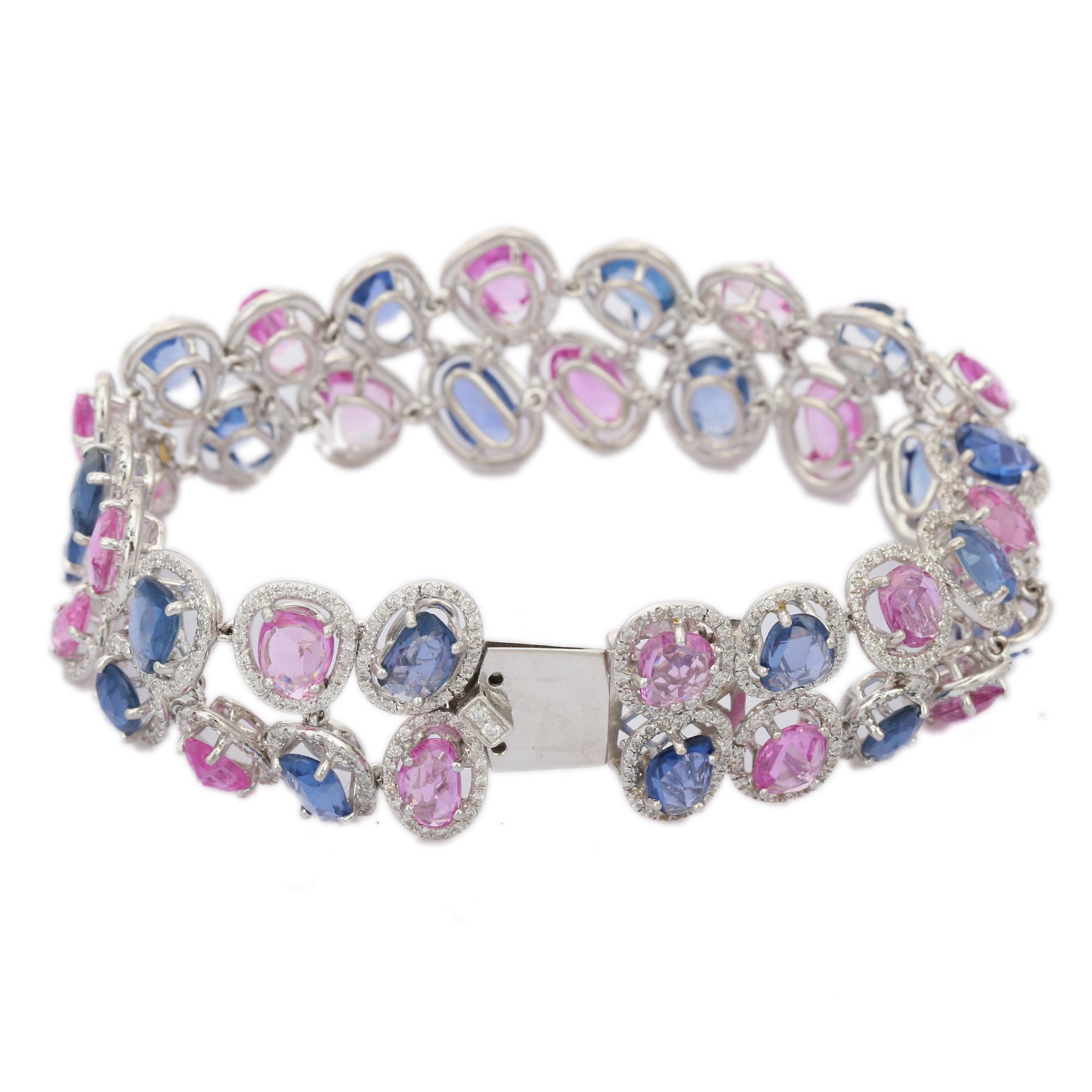Pulsera de Boda de Tenis con Múltiples Zafiros y Diamantes en Oro Blanco Macizo de 18 Kilates Moderno en venta