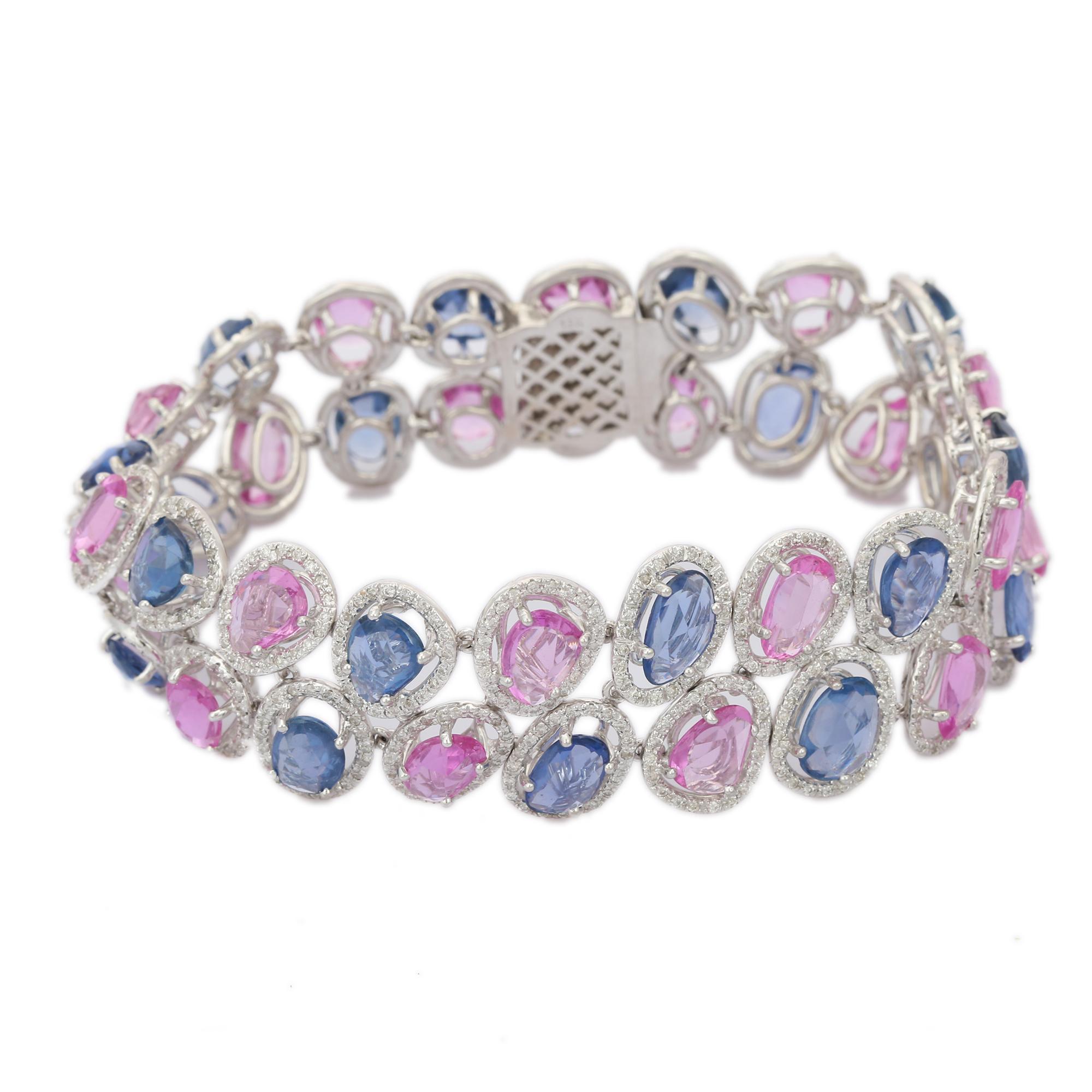 Pulsera de Boda de Tenis con Múltiples Zafiros y Diamantes en Oro Blanco Macizo de 18 Kilates Corte mixto en venta