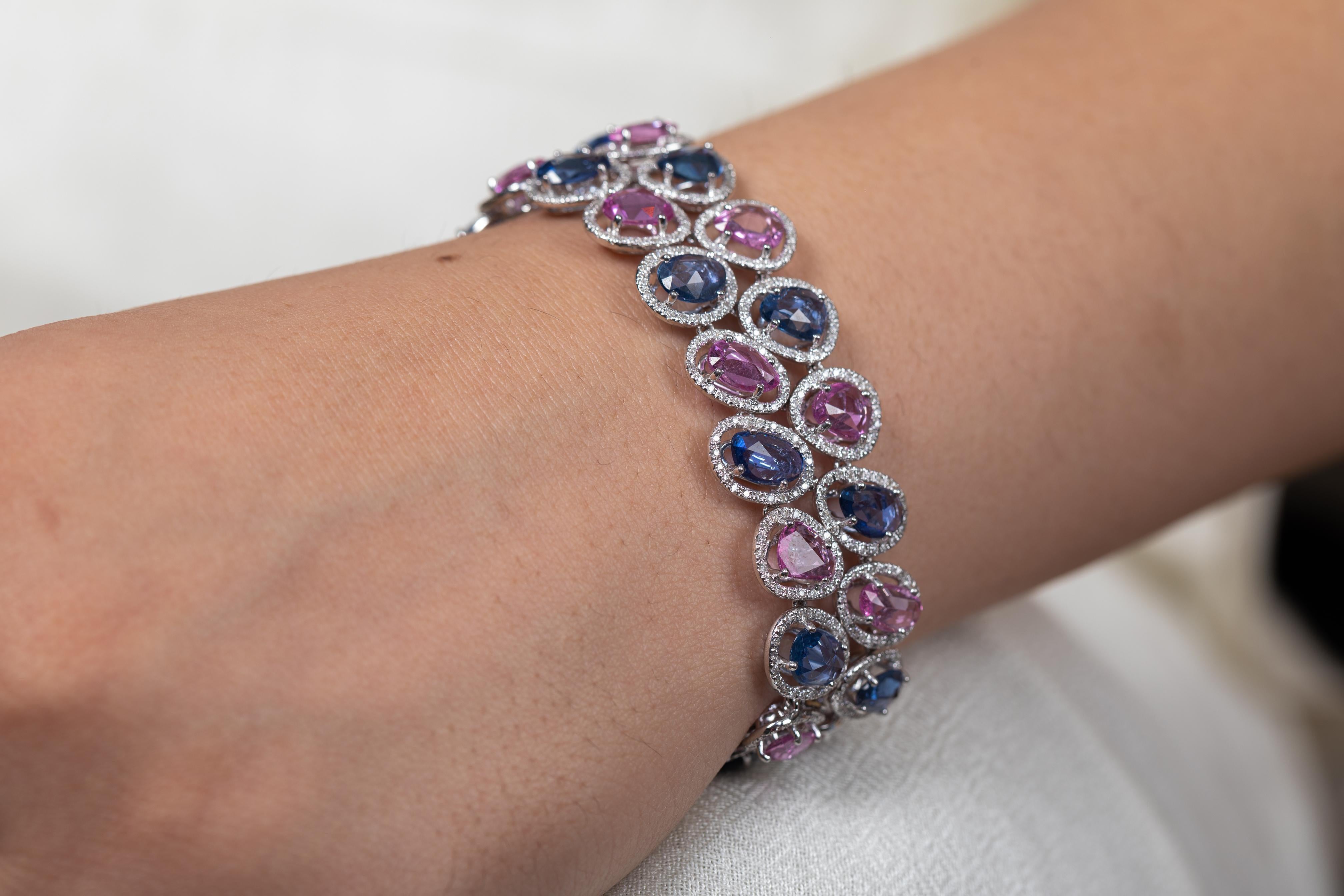 Pulsera de Boda de Tenis con Múltiples Zafiros y Diamantes en Oro Blanco Macizo de 18 Kilates en venta 1