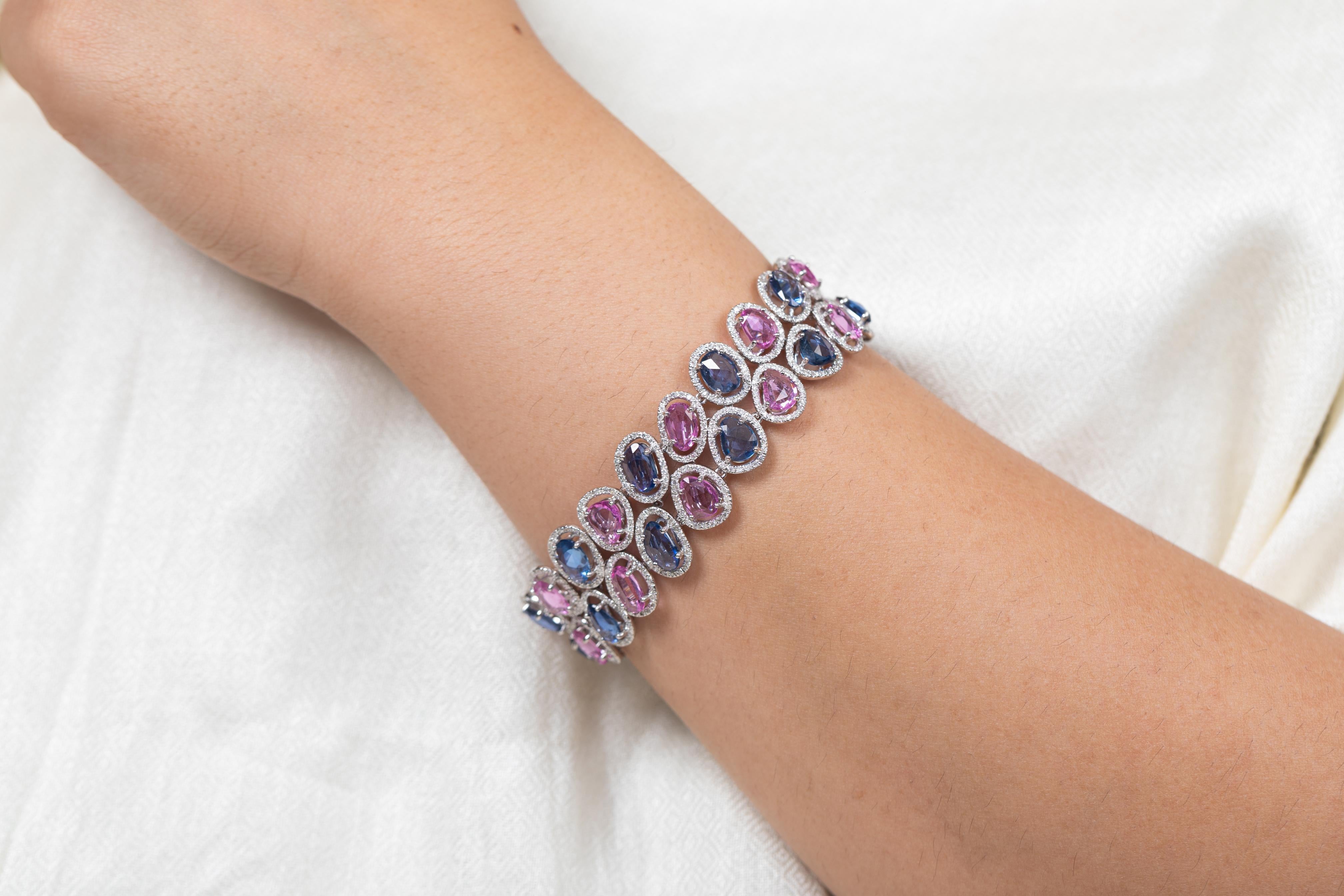 Pulsera de Boda de Tenis con Múltiples Zafiros y Diamantes en Oro Blanco Macizo de 18 Kilates en venta 2