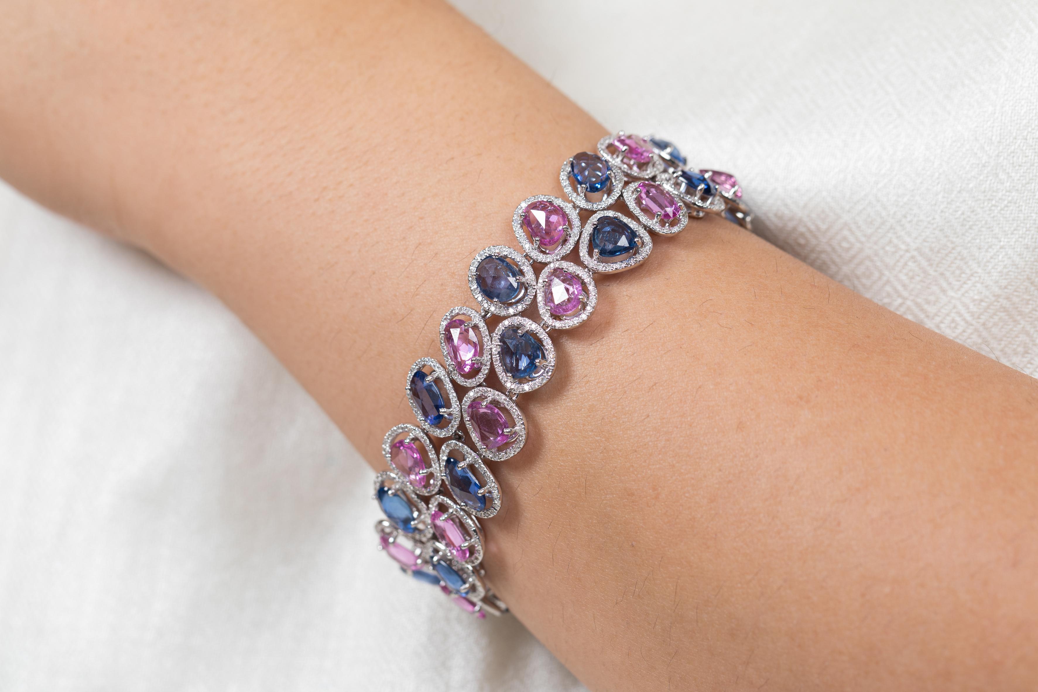 Pulsera de Boda de Tenis con Múltiples Zafiros y Diamantes en Oro Blanco Macizo de 18 Kilates en venta 3