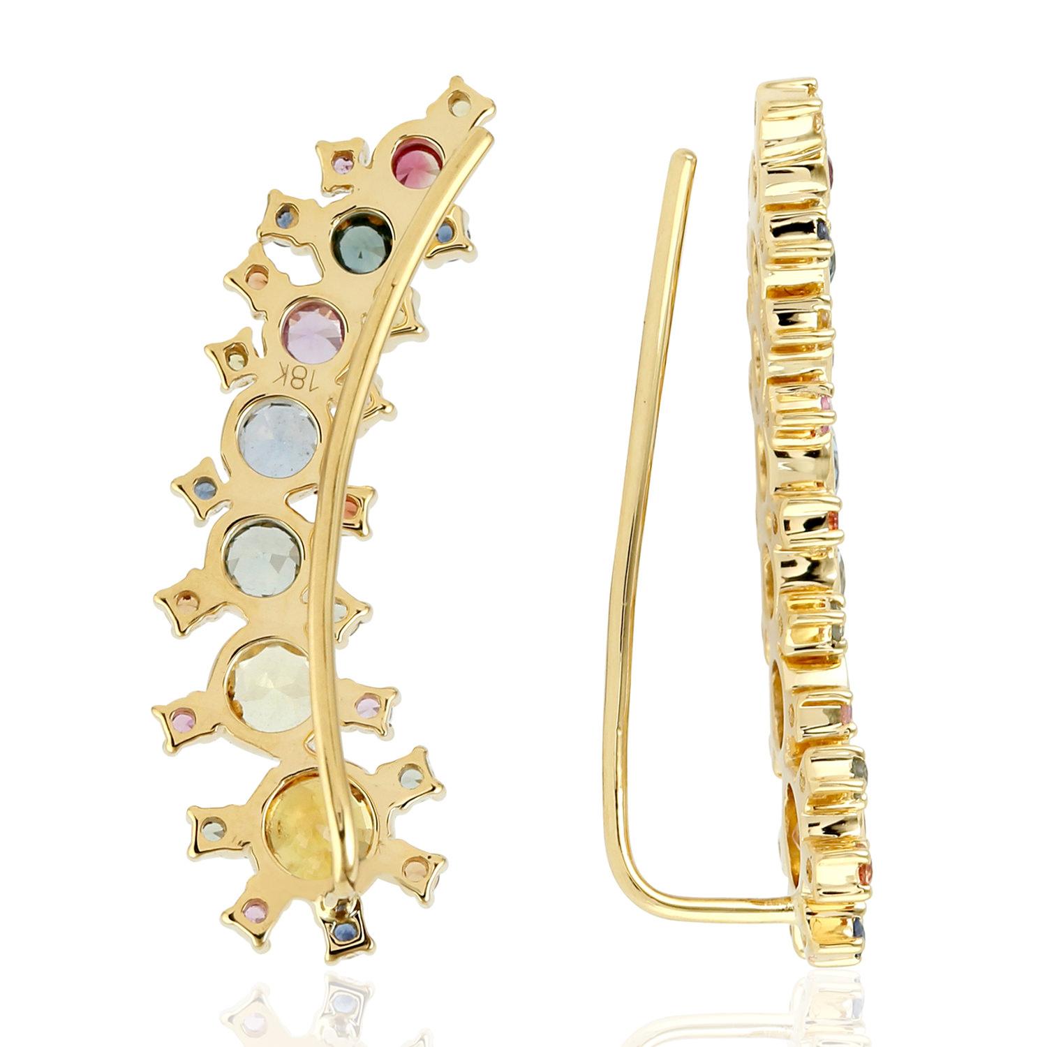 Art Deco Multi Sapphire Climber Earrings Made in 18k Yellow Gold For Sale