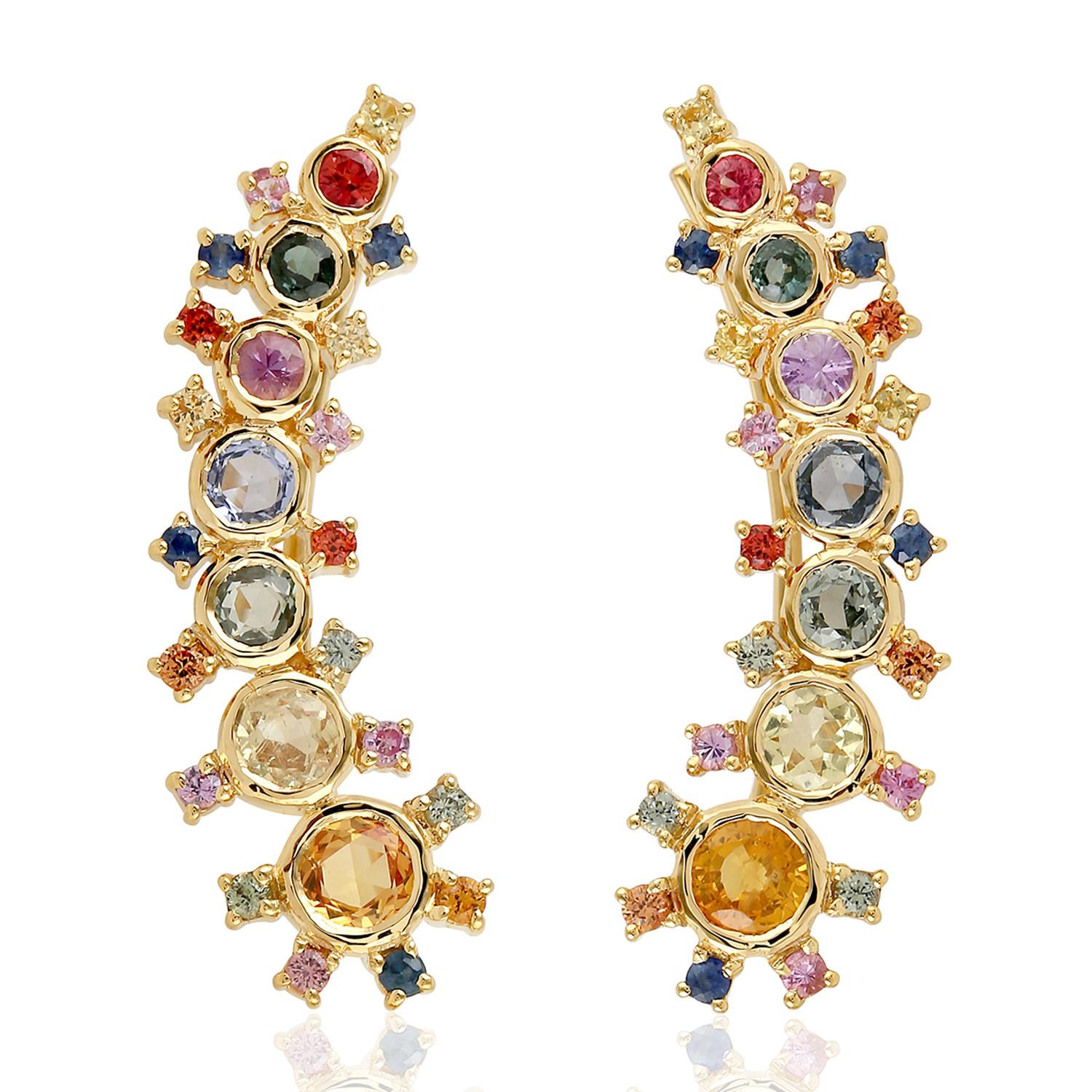 Mixed Cut Multi Sapphire Climber Earrings Made in 18k Yellow Gold For Sale