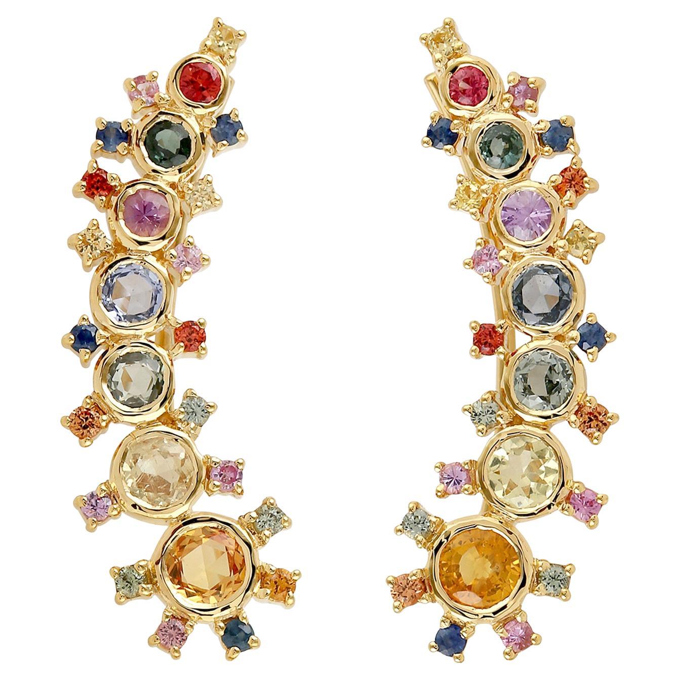 Boucles d'oreilles pendantes en or jaune 18 carats et saphirs multicolores