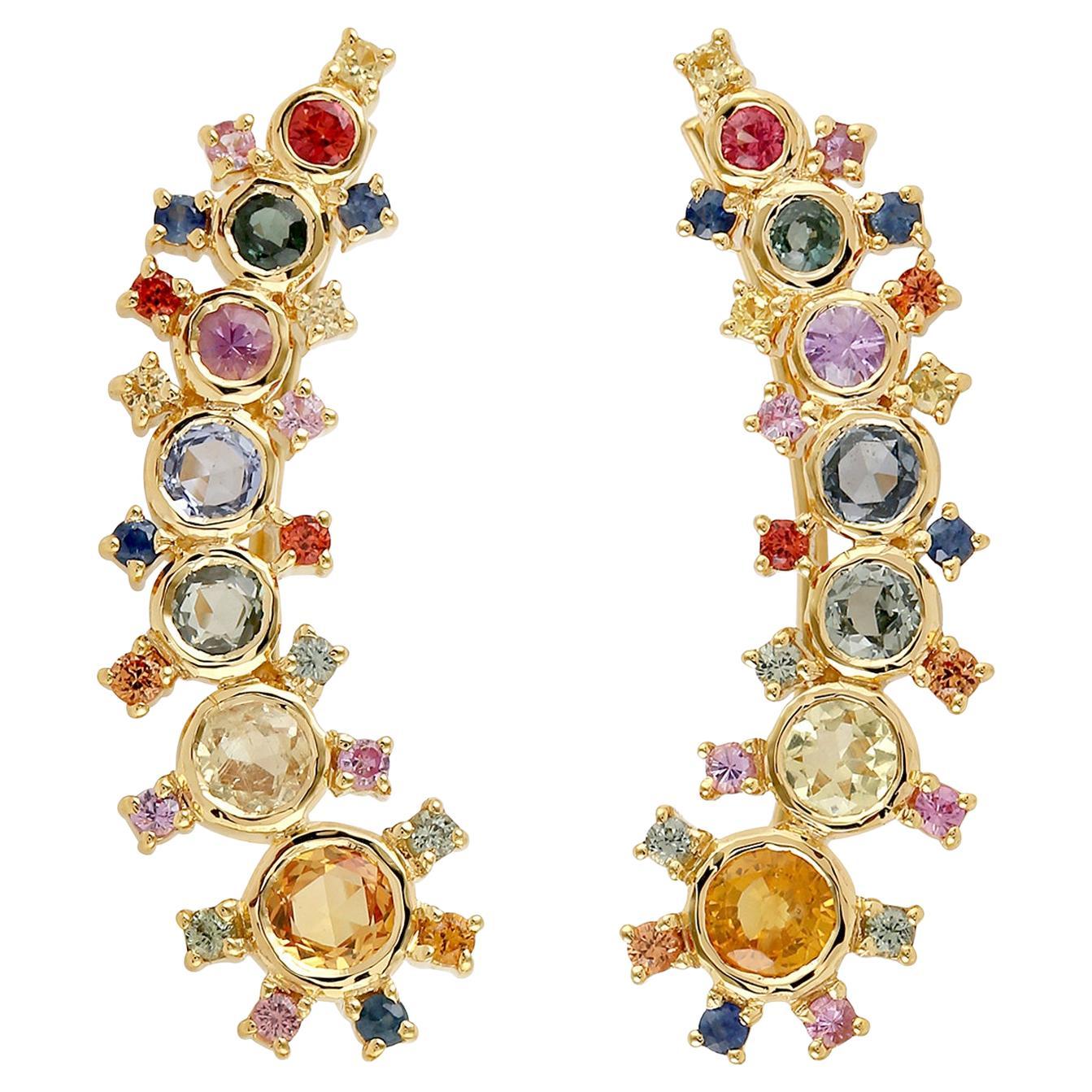 Multi Sapphire Climber Earrings Made in 18k Yellow Gold For Sale