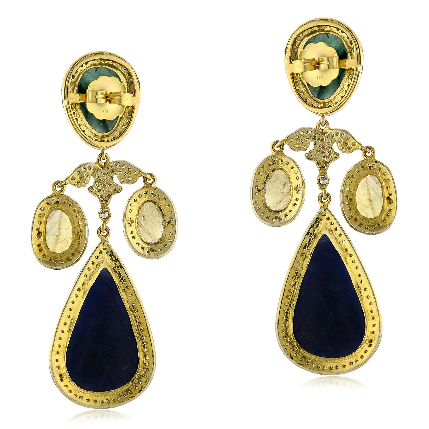 Artisan Multi Sapphire & Emerald Earrings with Diamonds Made in 14k Yellow Gold & Silver For Sale