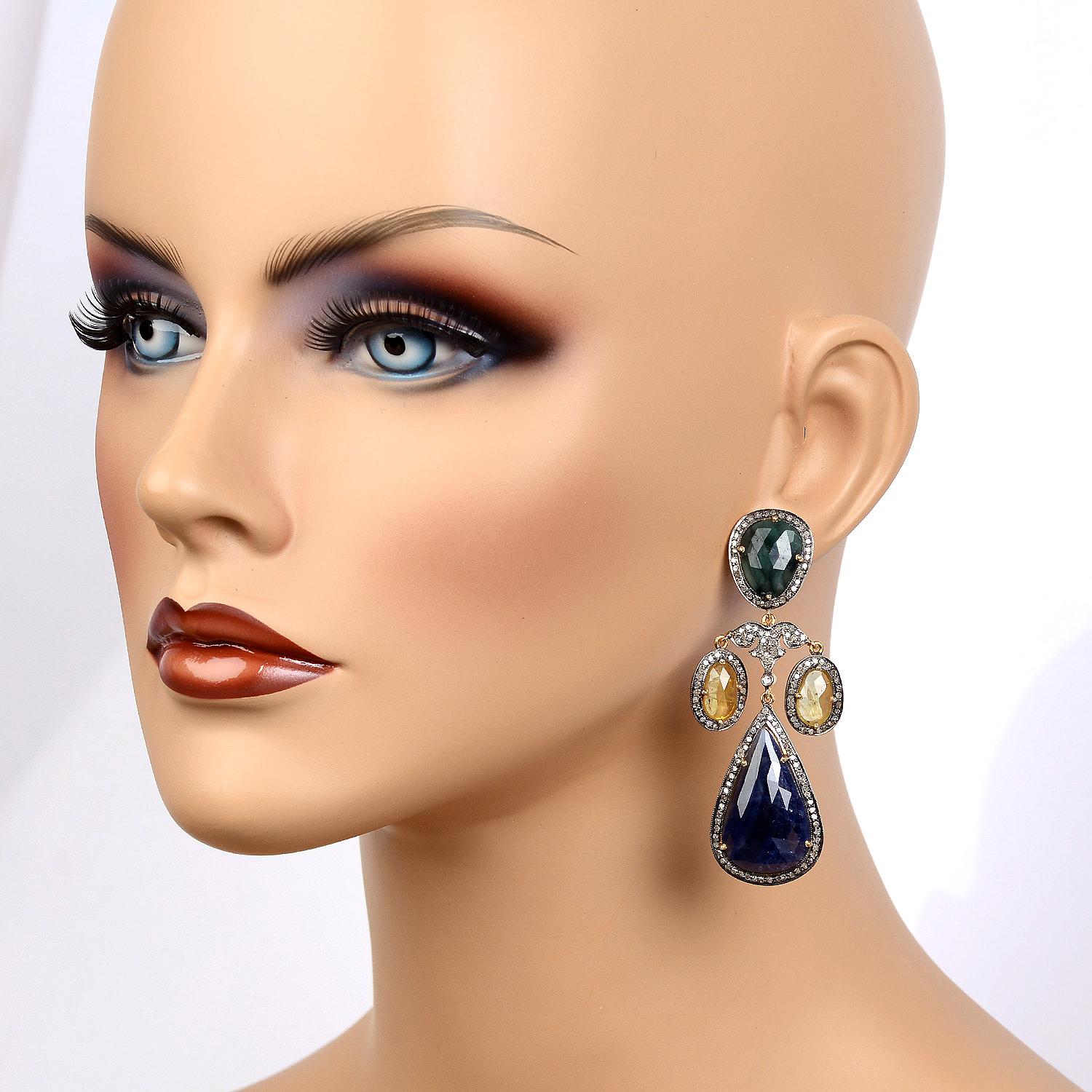 Artisan Multi Sapphire & Emerald Earrings with Diamonds Made in 14k Yellow Gold & Silver For Sale