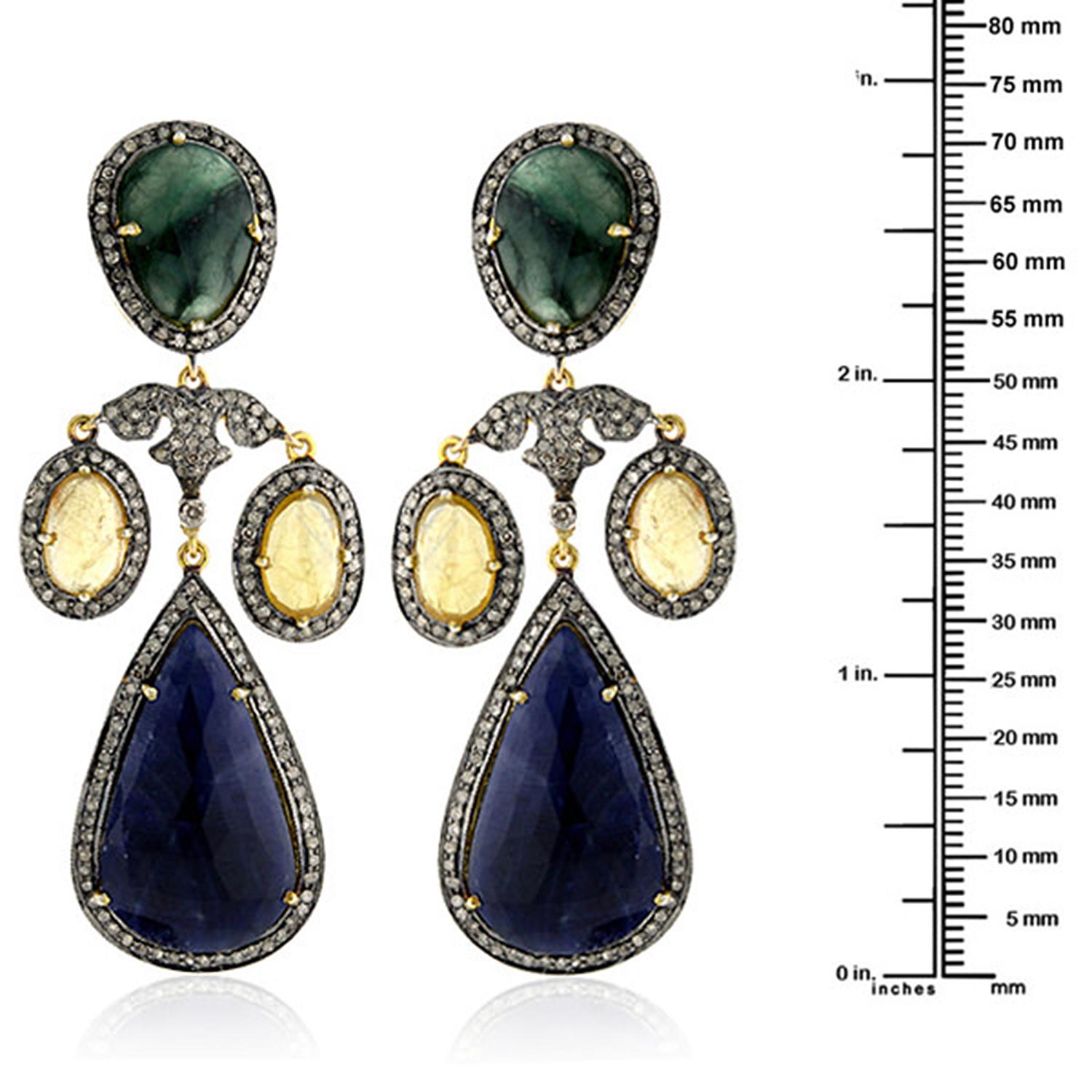 Mixed Cut Multi Sapphire & Emerald Earrings with Diamonds Made in 14k Yellow Gold & Silver For Sale