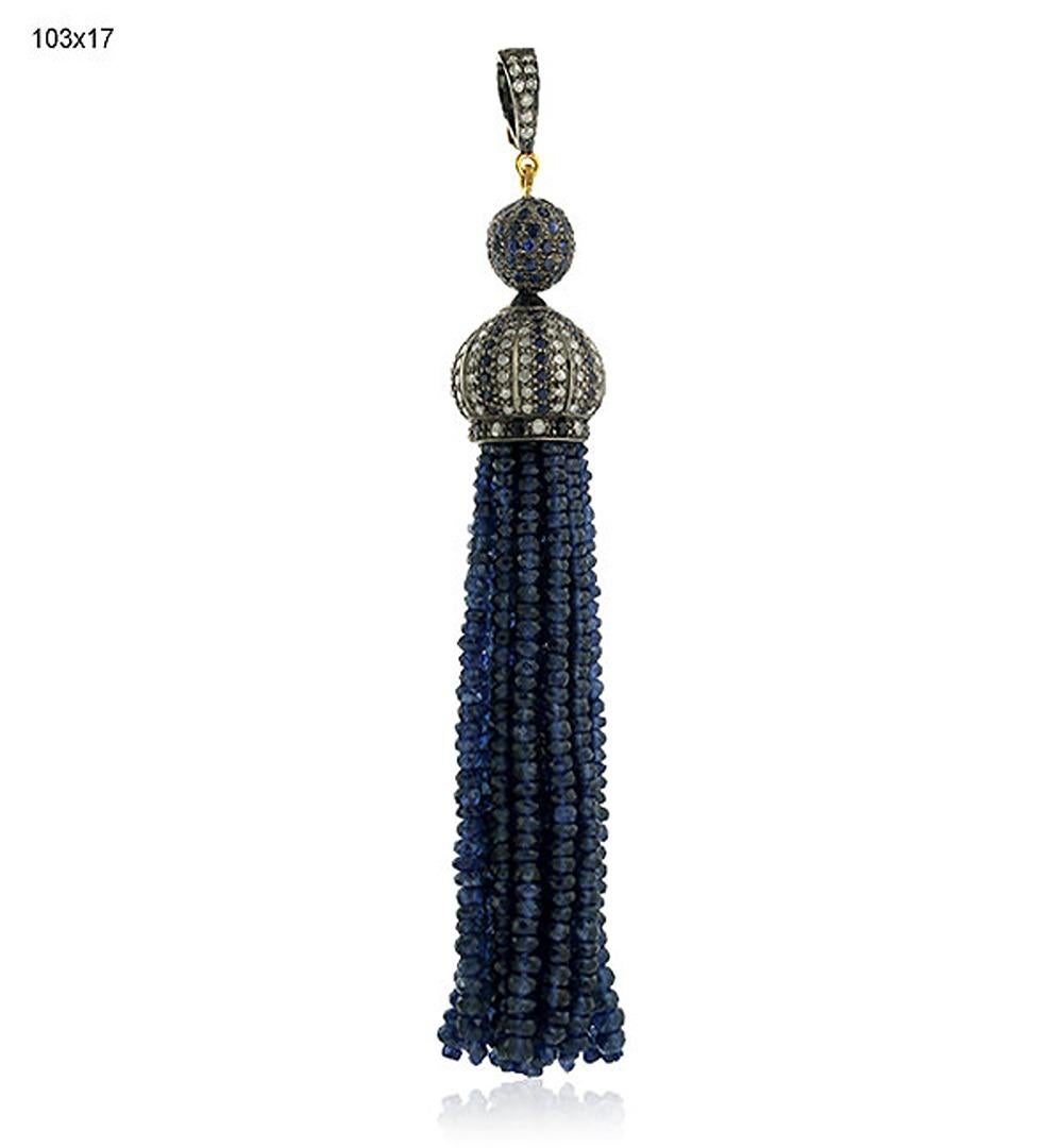Artisan Blue Sapphire Tassel Pendant With Emerald & Diamonds Made in 18k Gold For Sale