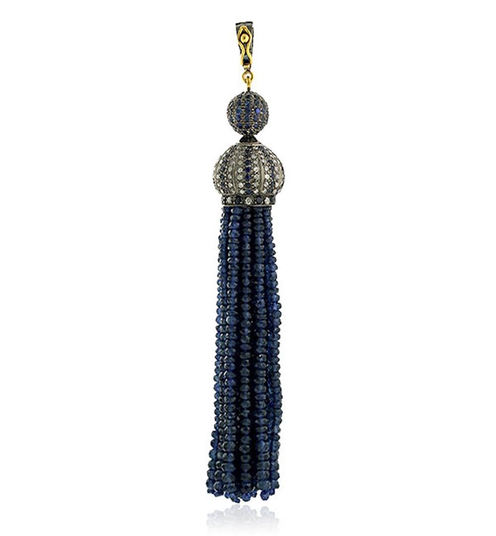 Mixed Cut Blue Sapphire Tassel Pendant With Emerald & Diamonds Made in 18k Gold For Sale