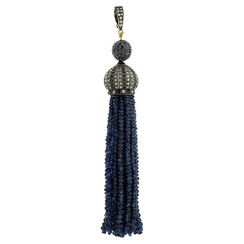 Blue Sapphire Tassel Pendant With Emerald & Diamonds Made in 18k Gold For Sale