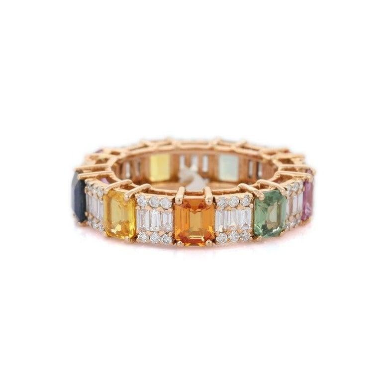 For Sale:  Multi Sapphire Eternity Band Ring in 18K Rose Gold Encrusted with Diamonds 3