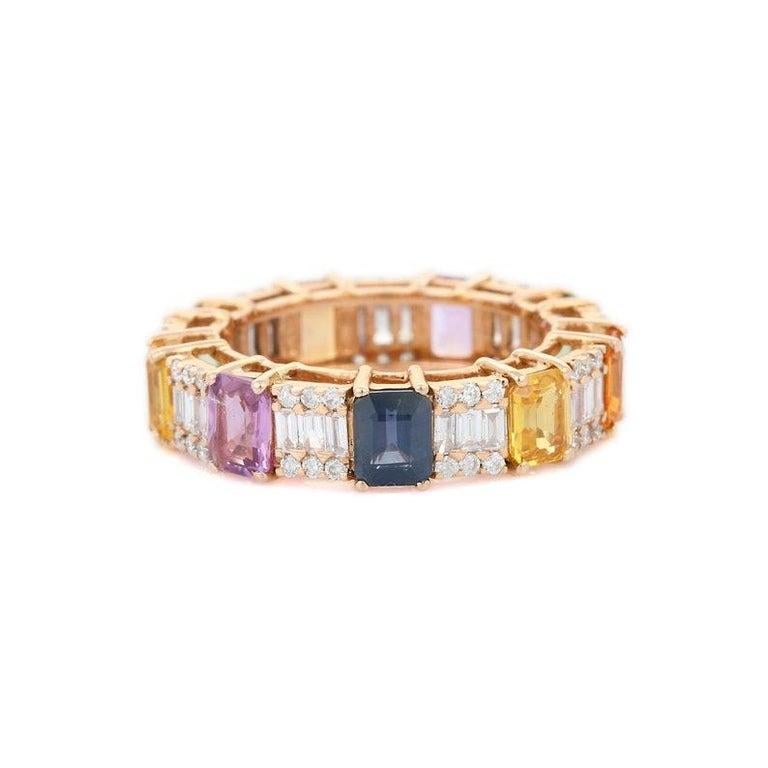 For Sale:  Multi Sapphire Eternity Band Ring in 18K Rose Gold Encrusted with Diamonds 4