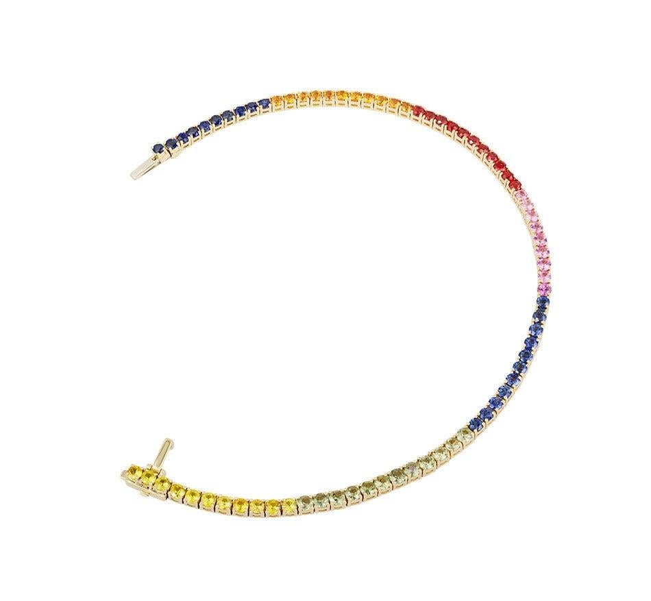 Bracelet Yellow Gold 14 K

Orange, Green Sapphire 22-1,76ct
Blue Sapphire 21-1,68ct
Pink Sapphire 11-0,88ct
Red Sapphire 11-0,88ct
Yellow Sapphire 11-0,88ct

Weight 9.29 grams
Length 19.5 cm

With a heritage of ancient fine Swiss jewelry traditions,