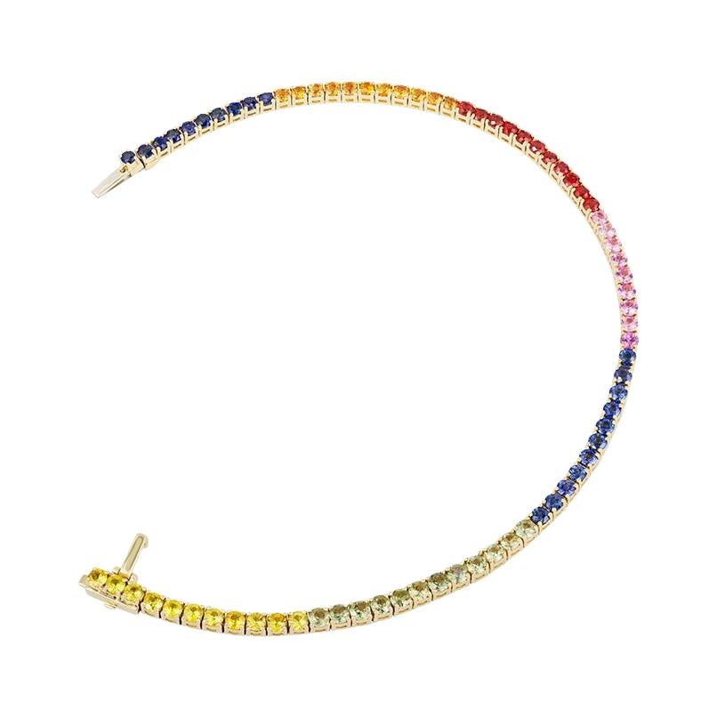 Bracelet tennis coloré en or jaune avec plusieurs saphirs et diamants, bijouterie d'art en vente