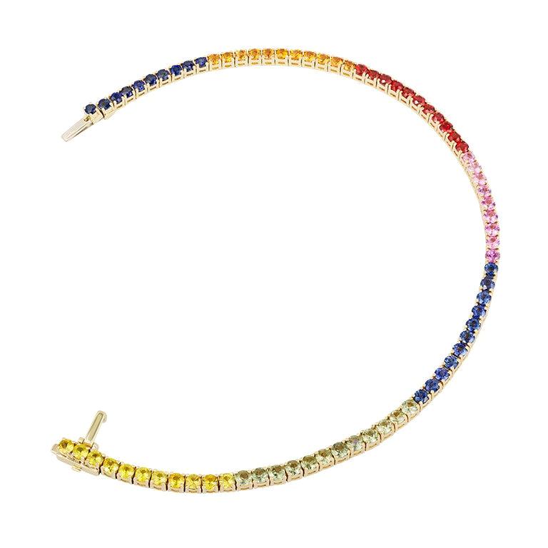 Bracelet tennis coloré en or jaune avec plusieurs saphirs et diamants, bijouterie d'art en vente