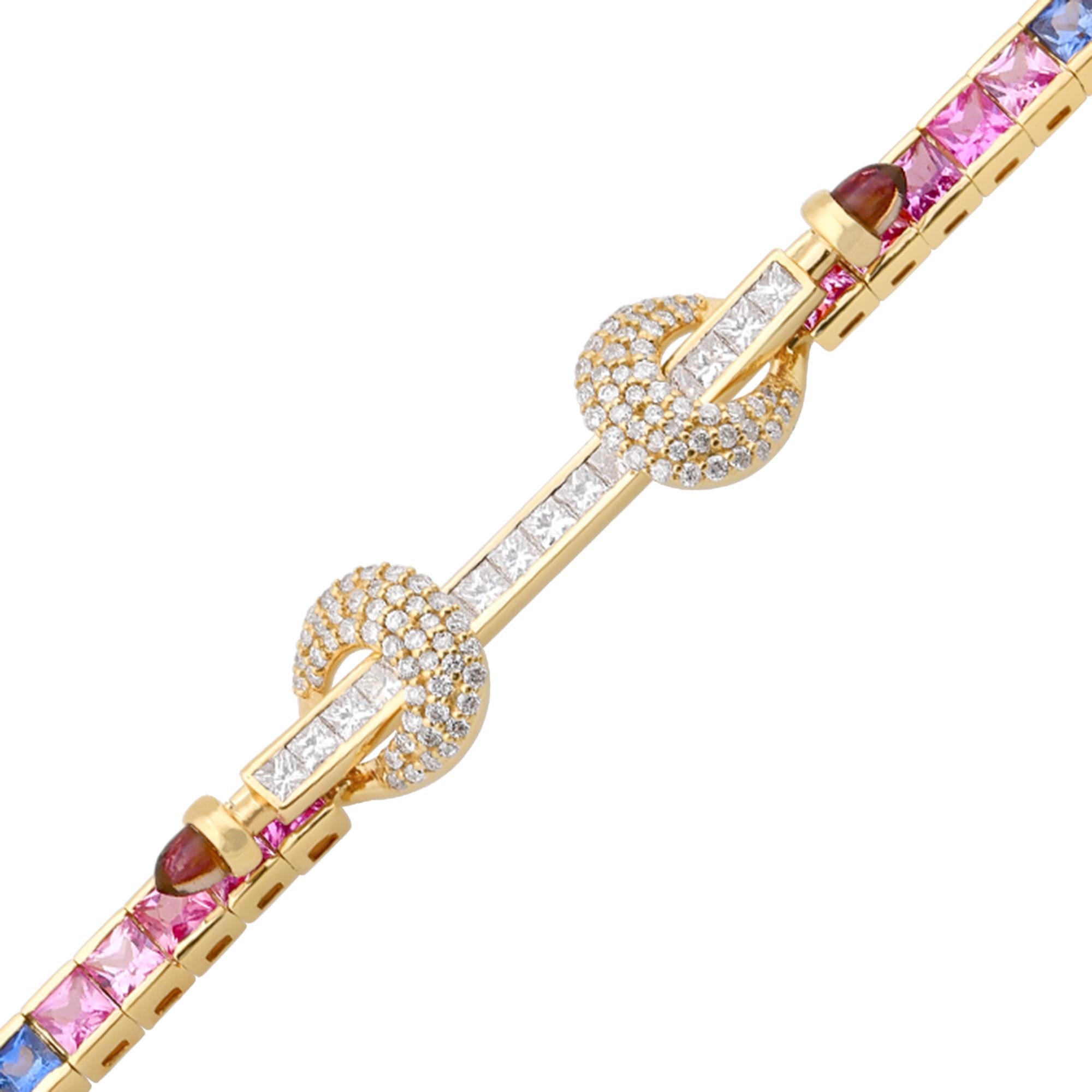Princess Cut Multi Sapphire Gemstone Bracelet Diamond 14 Karat Yellow Gold Handmade Jewelry For Sale