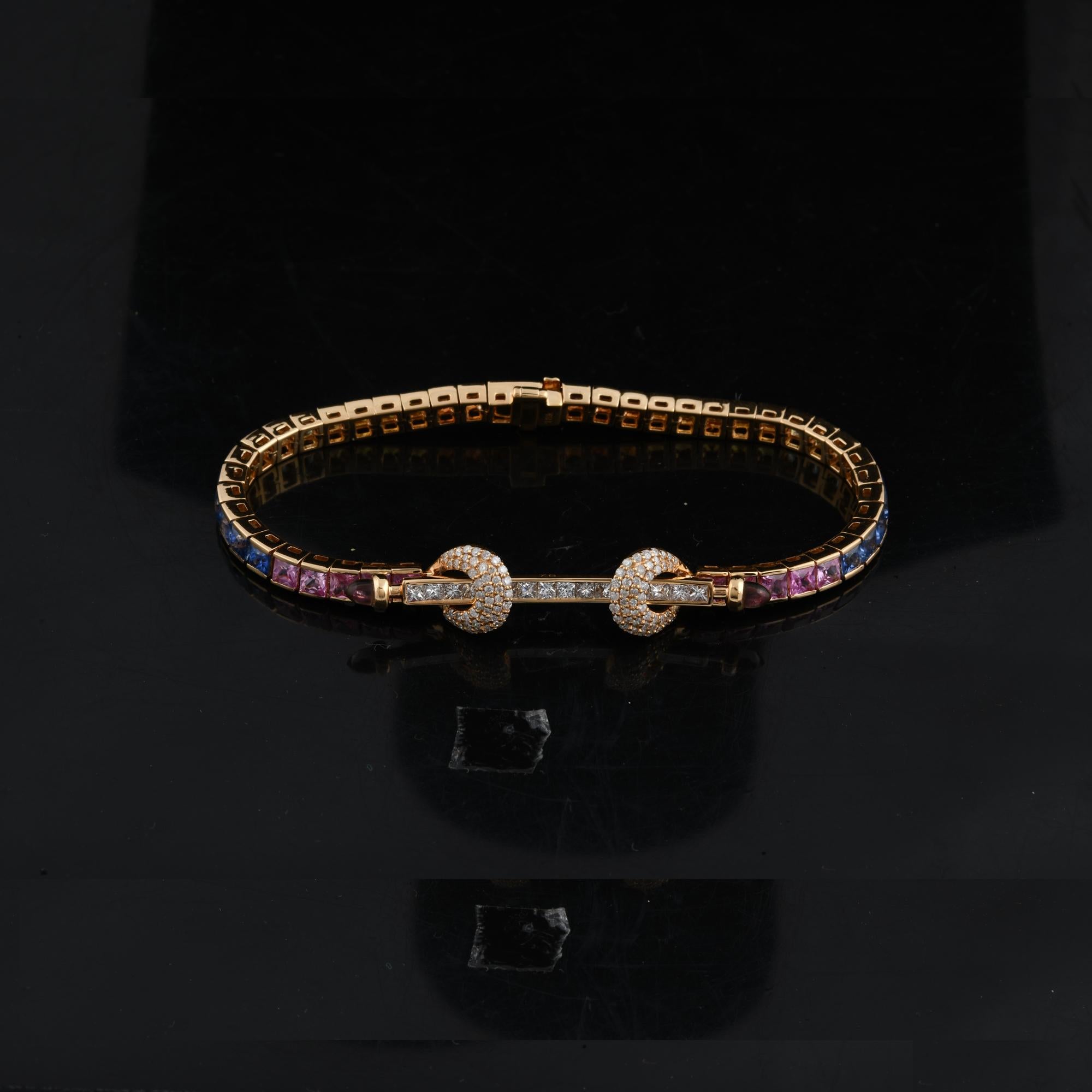 Women's Multi Sapphire Gemstone Bracelet Diamond 14 Karat Yellow Gold Handmade Jewelry For Sale