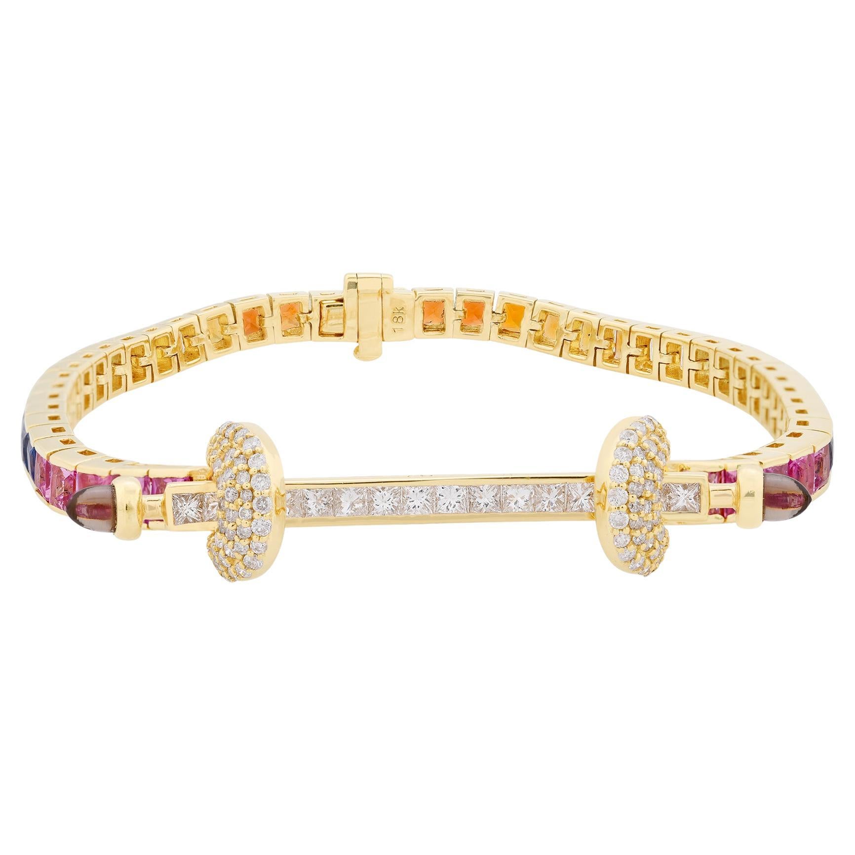 Bracelet artisanal en or jaune 18 carats avec plusieurs saphirs et pierres précieuses, diamants