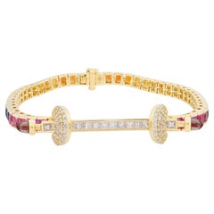 Multi Sapphire Gemstone Bracelet Diamond 18 Karat Yellow Gold Handmade Jewelry