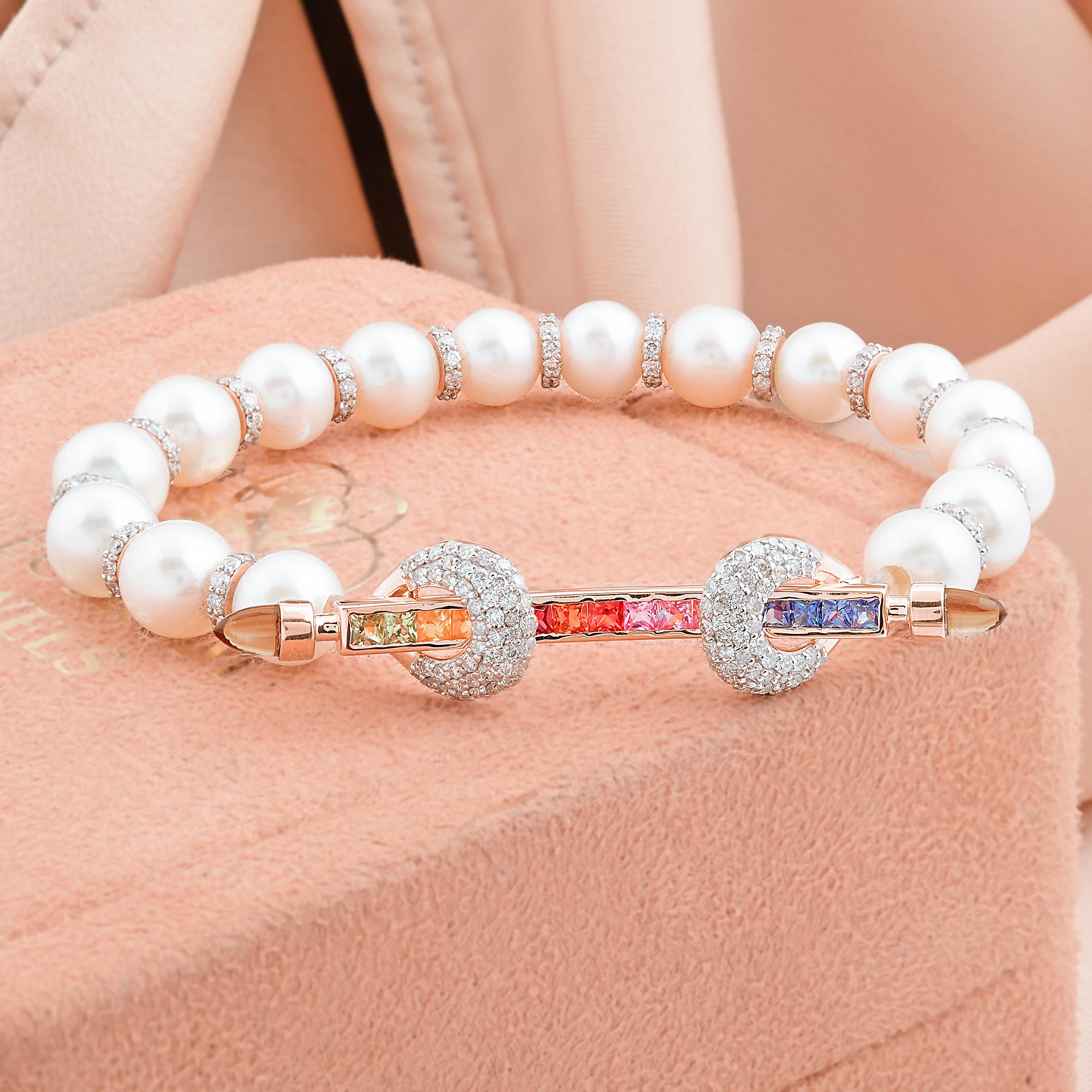 Women's Multi Sapphire Gemstone Bracelet Pearl 14k Rose Gold Diamond Pave Fine Jewelry For Sale