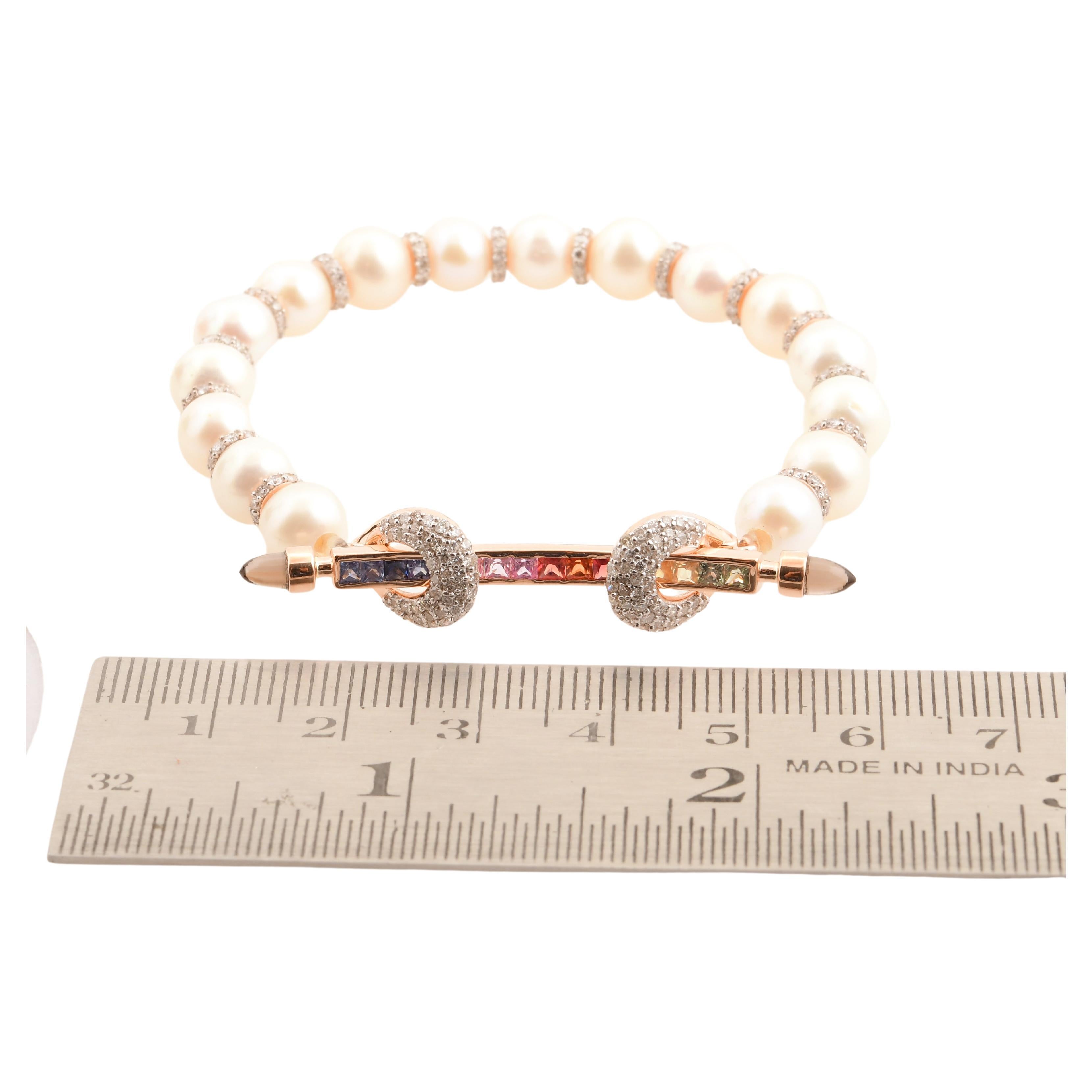 Multi Sapphire Gemstone Bracelet Pearl 14k Rose Gold Diamond Pave Fine Jewelry For Sale 1