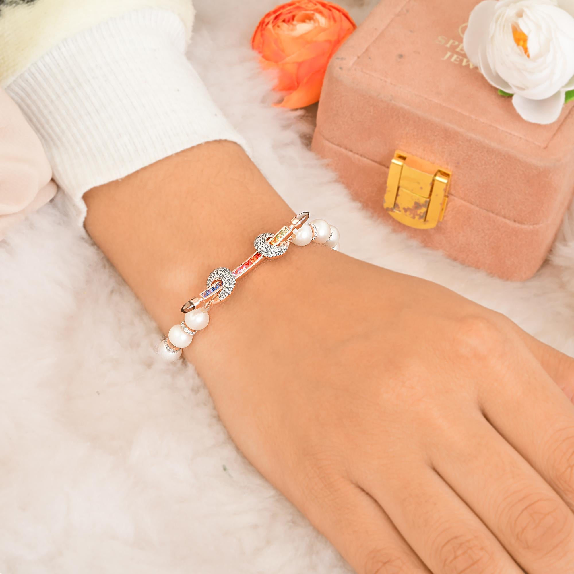 Taille ronde Multi Sapphire Gemstone Bracelet Pearl 18k Rose Gold Diamond Pave Fine Jewelry en vente