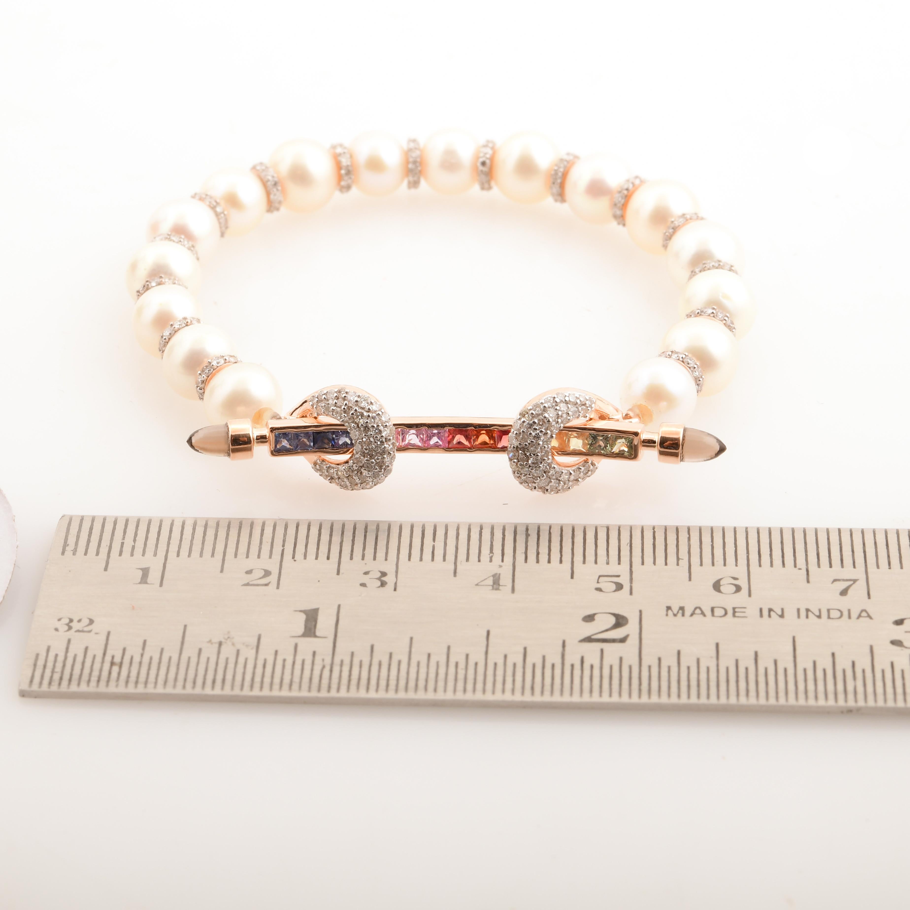 Women's Multi Sapphire Gemstone Bracelet Pearl 18k Rose Gold Diamond Pave Fine Jewelry For Sale