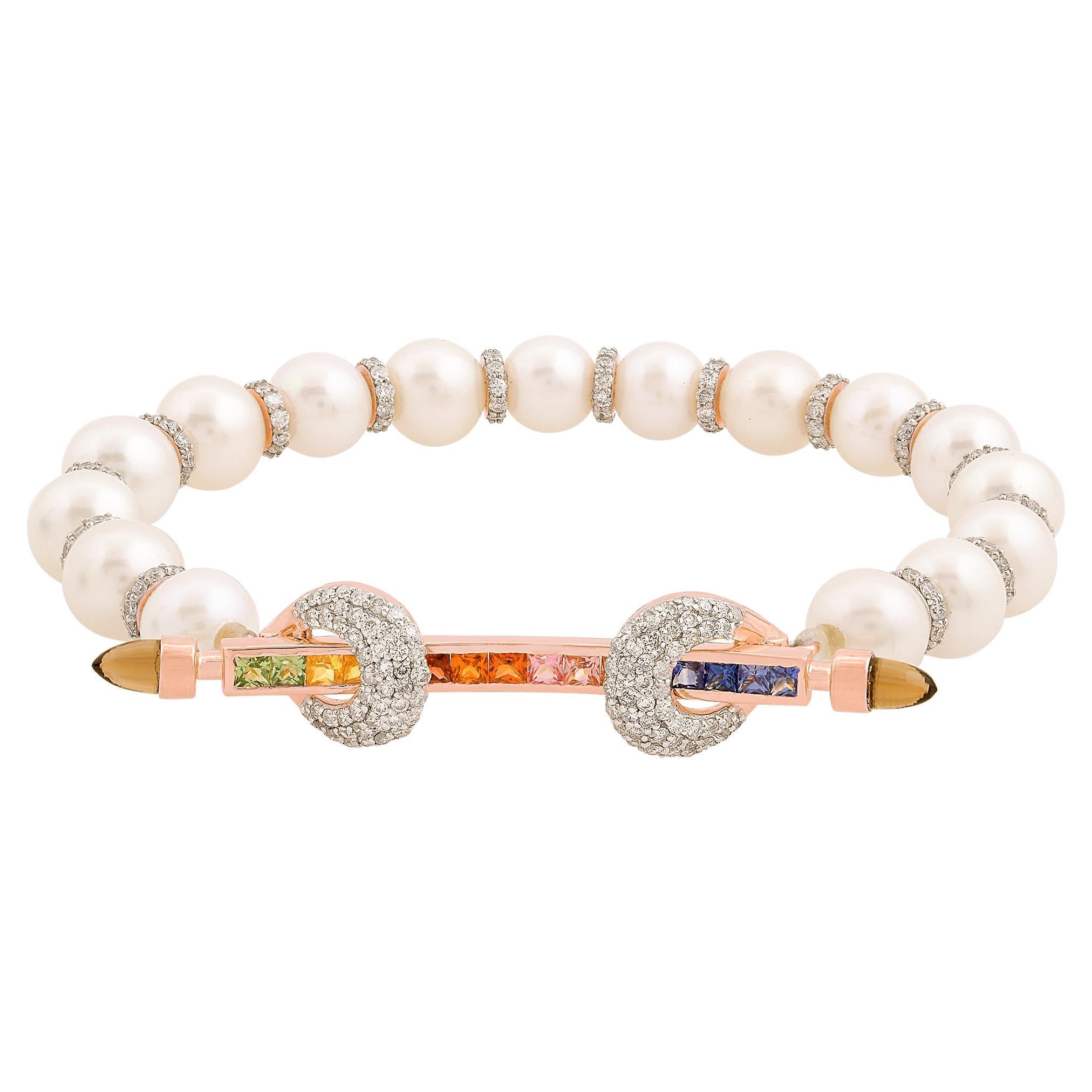 Multi Sapphire Gemstone Bracelet Pearl 18k Rose Gold Diamond Pave Fine Jewelry en vente