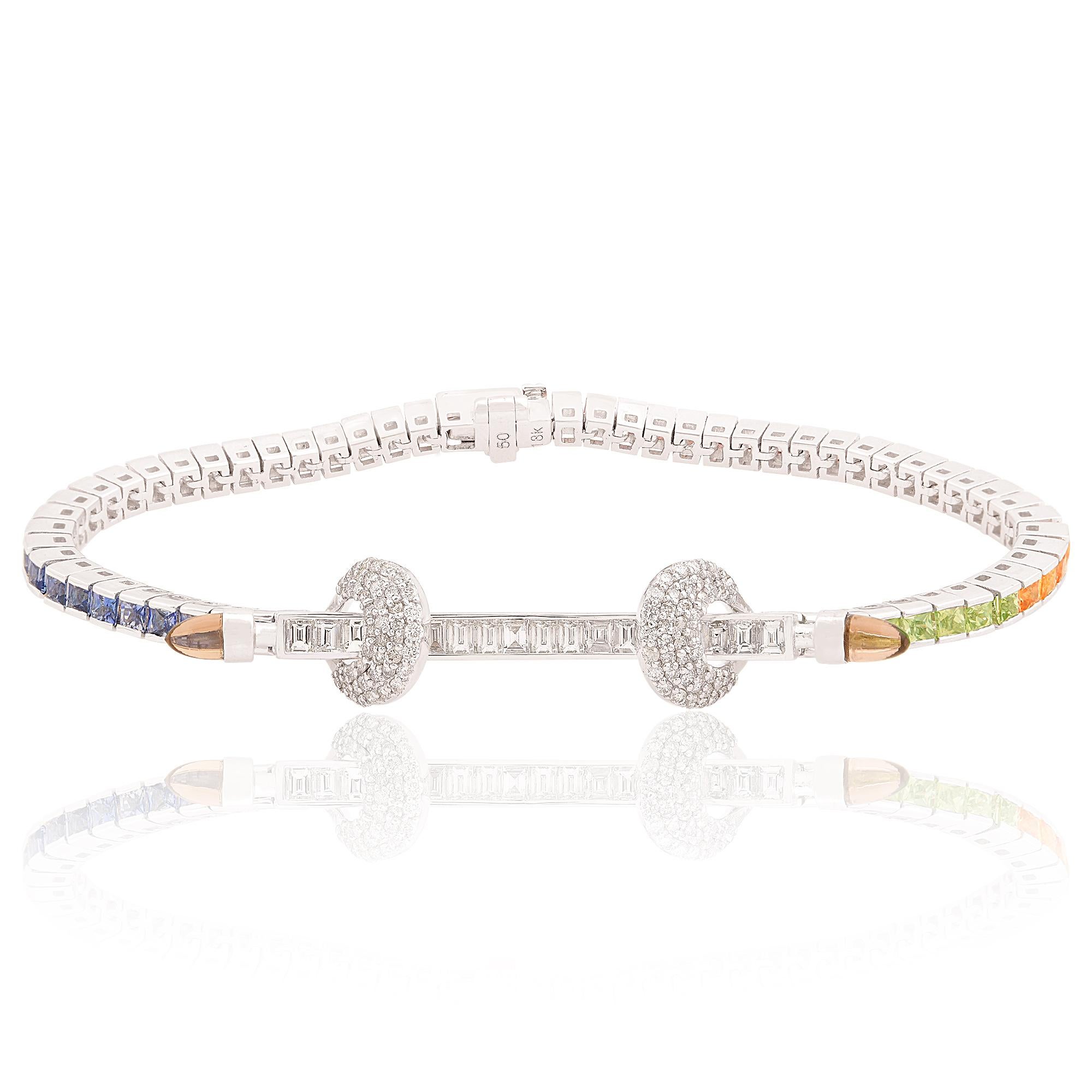 Modern Multi Sapphire Gemstone Bracelet Smoky Diamond Solid 18k White Gold Fine Jewelry For Sale