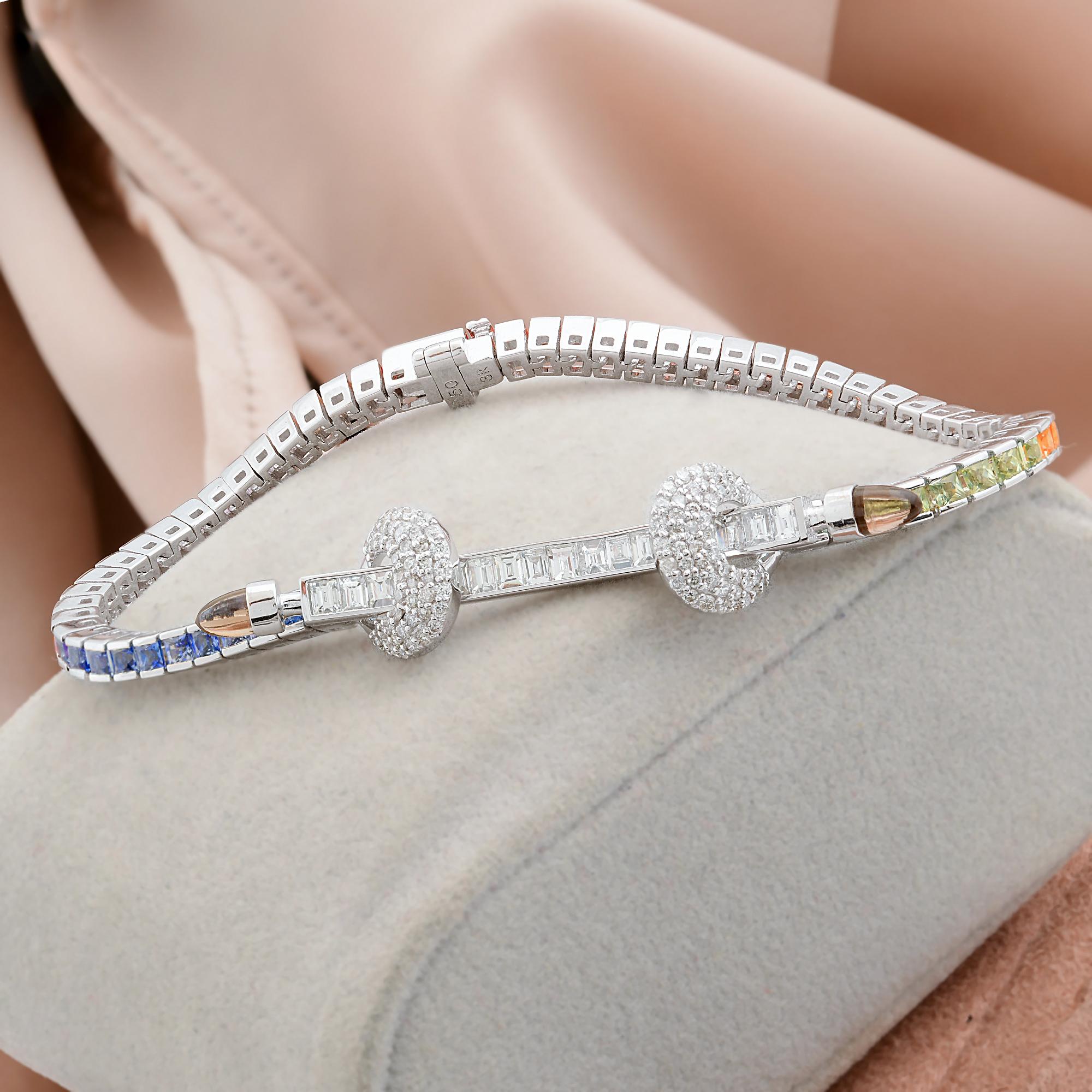 Round Cut Multi Sapphire Gemstone Bracelet Smoky Diamond Solid 18k White Gold Fine Jewelry For Sale