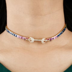 Multi Sapphire Gemstone Choker Necklace Diamond 14 Karat Yellow Gold Jewelry