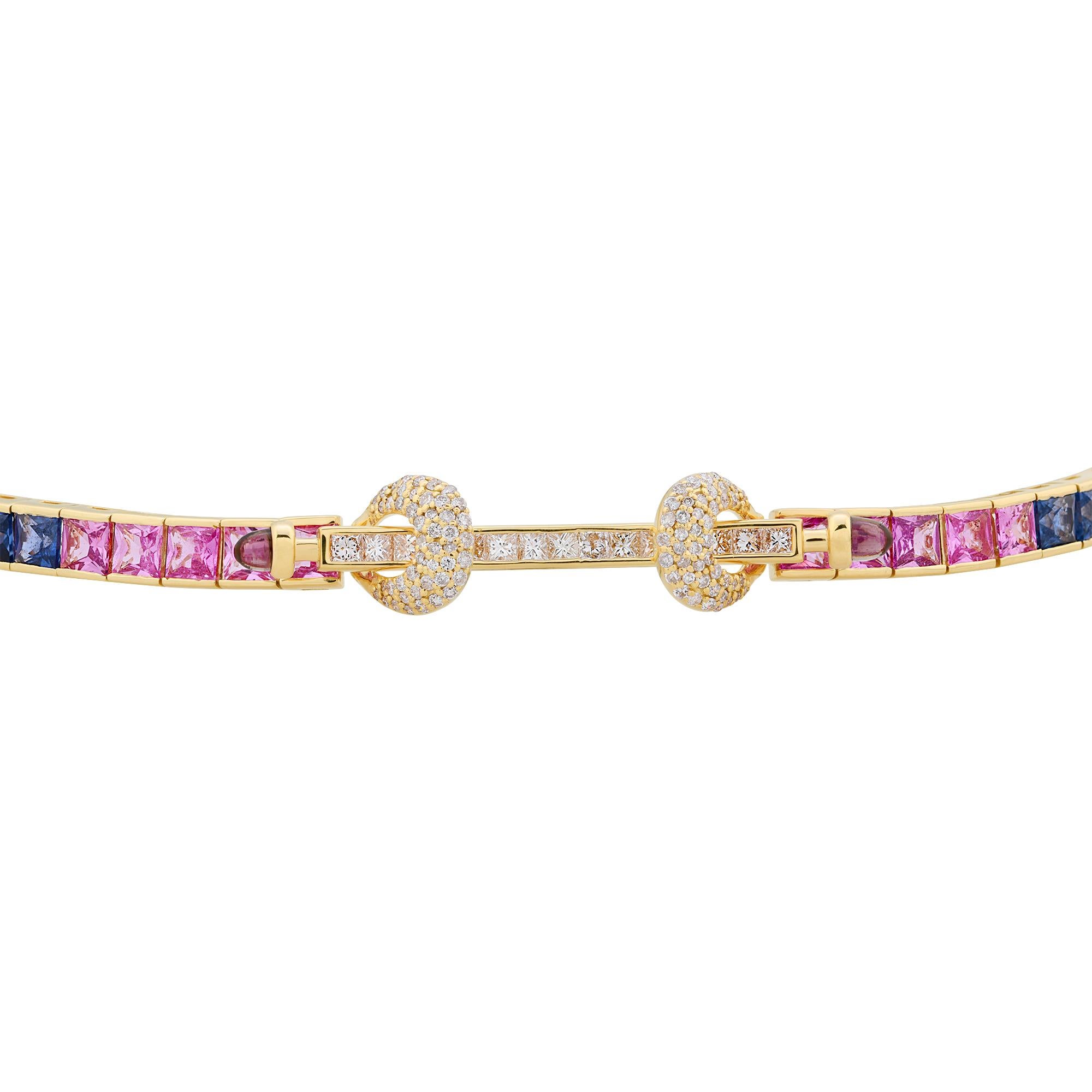 Dive into a world of vibrant colors with this captivating multi-sapphire gemstone choker necklace, adorned with diamonds and handcrafted in 18 karat yellow gold. This exquisite piece of jewelry exudes elegance, opulence, and exceptional