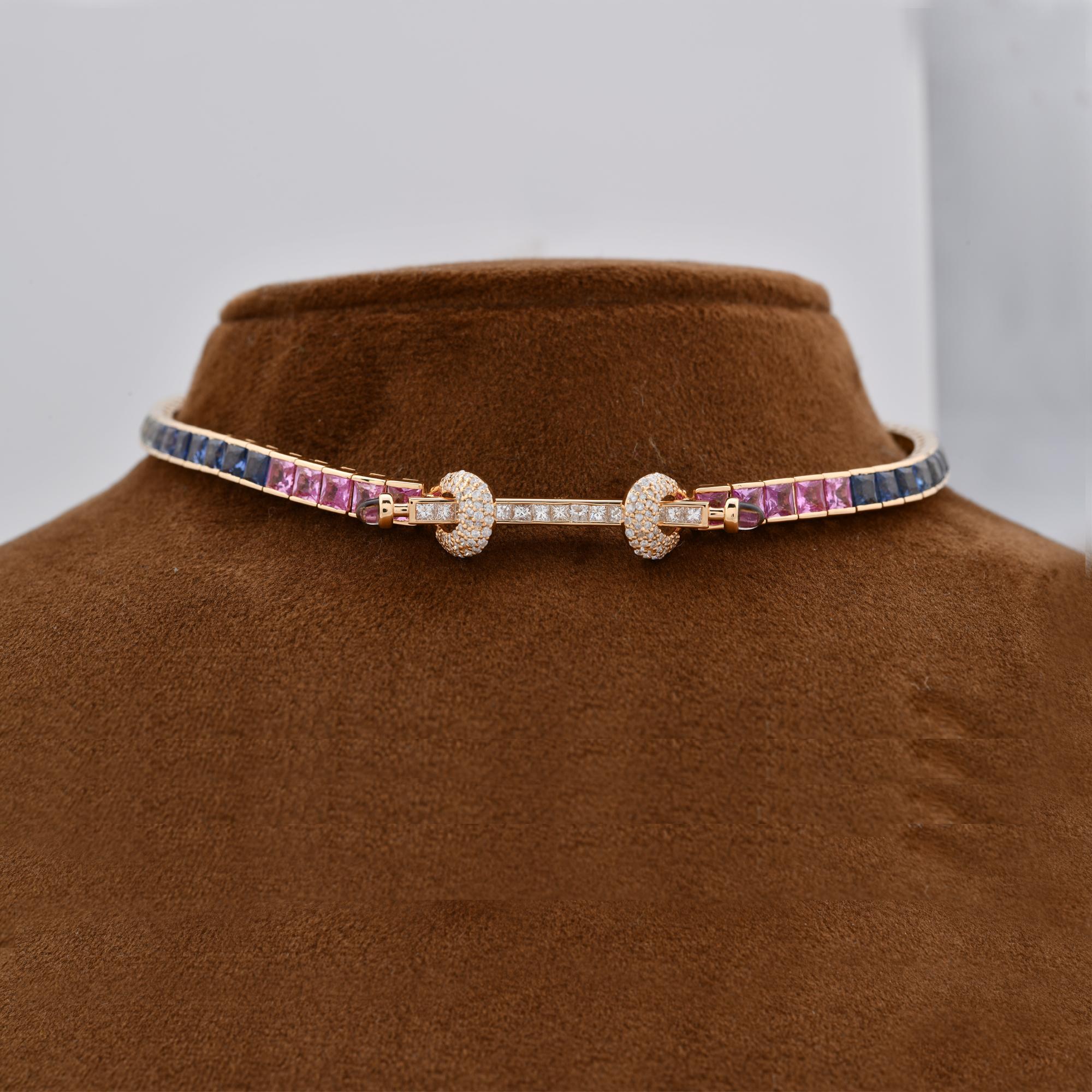 Princess Cut Multi Sapphire Gemstone Choker Necklace Diamond 18 Karat Yellow Gold Jewelry For Sale