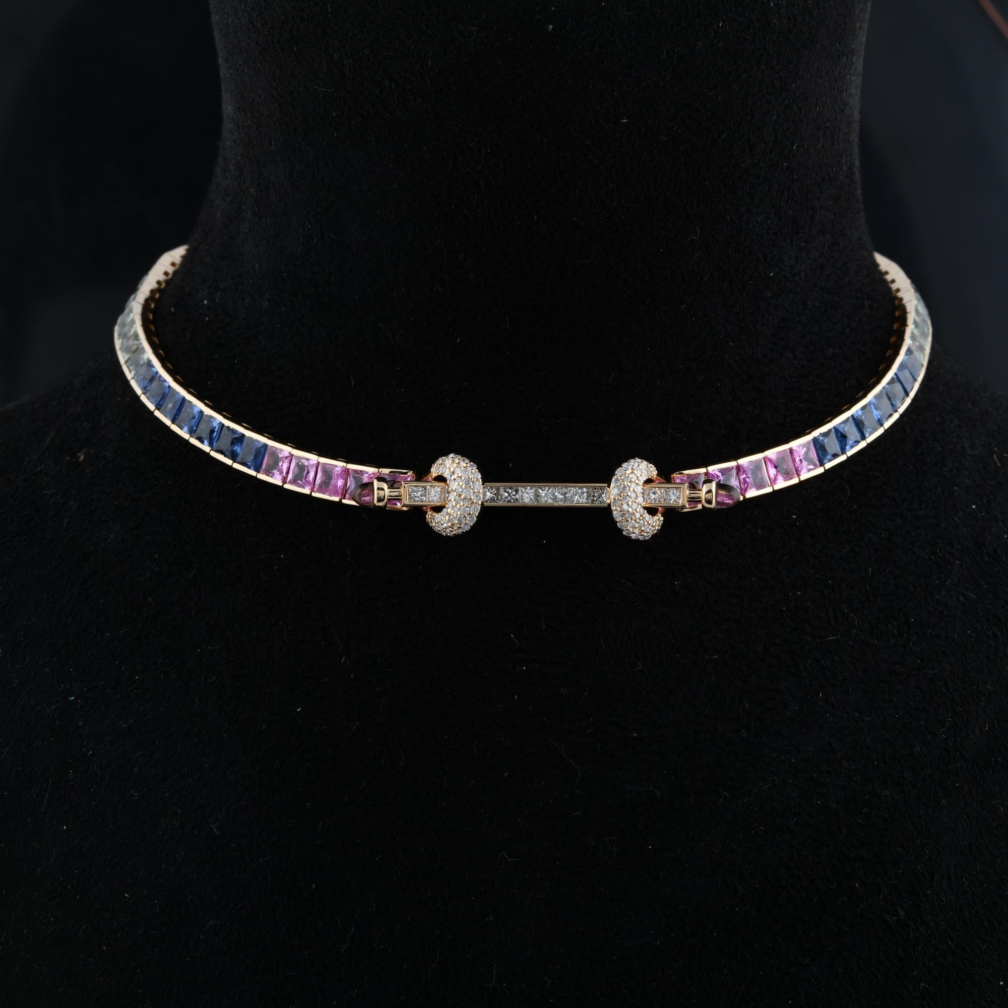 Multi Sapphire Gemstone Choker Necklace Diamond 18 Karat Yellow Gold Jewelry In New Condition For Sale In Diera, Dubai