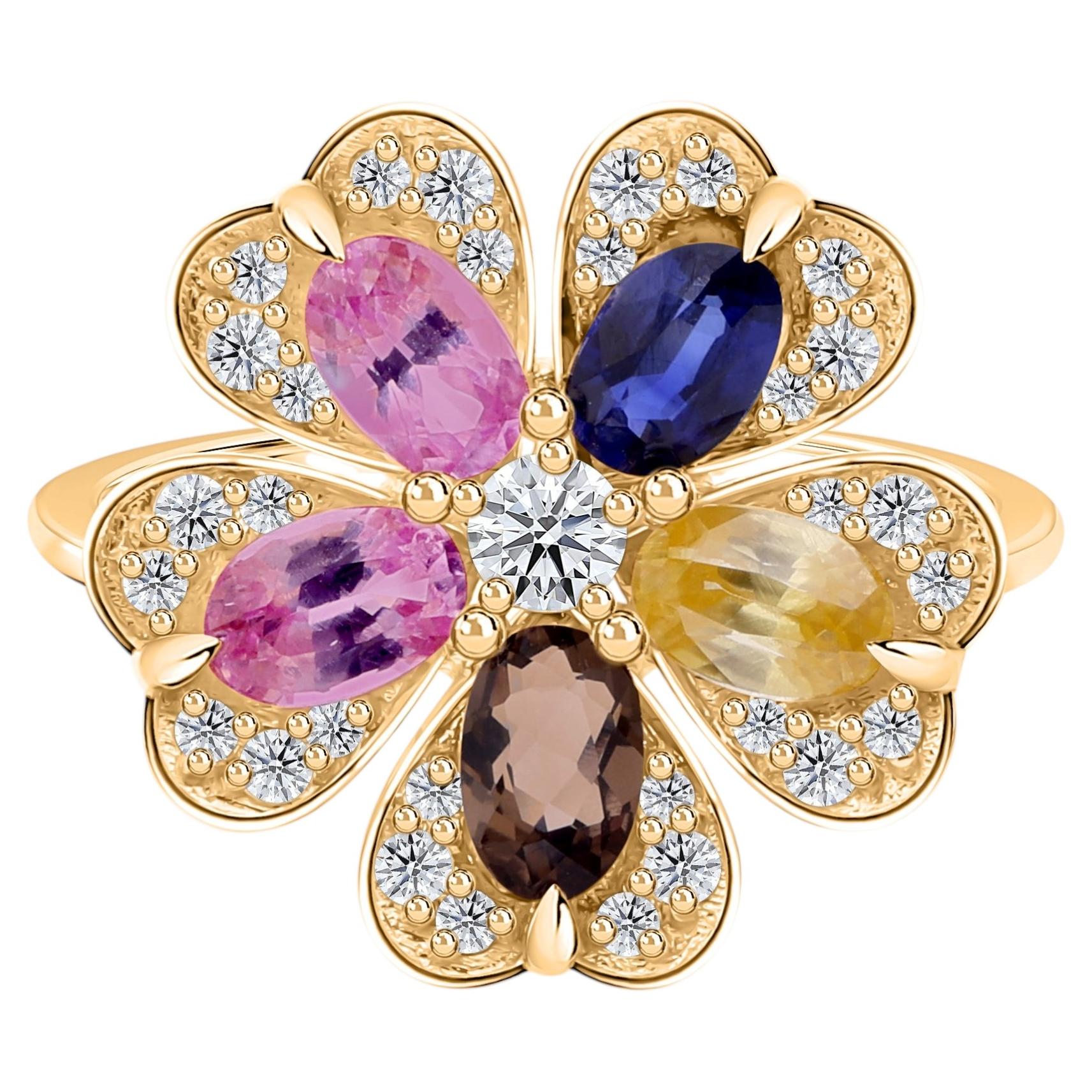 Multi Sapphire Gemstone Diamond Floral Ring 18 Karat Yellow Gold Jewelry