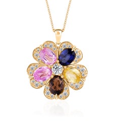 Multi Sapphire Gemstone Floral Charm Pendant Diamond Necklace 18k Yellow Gold