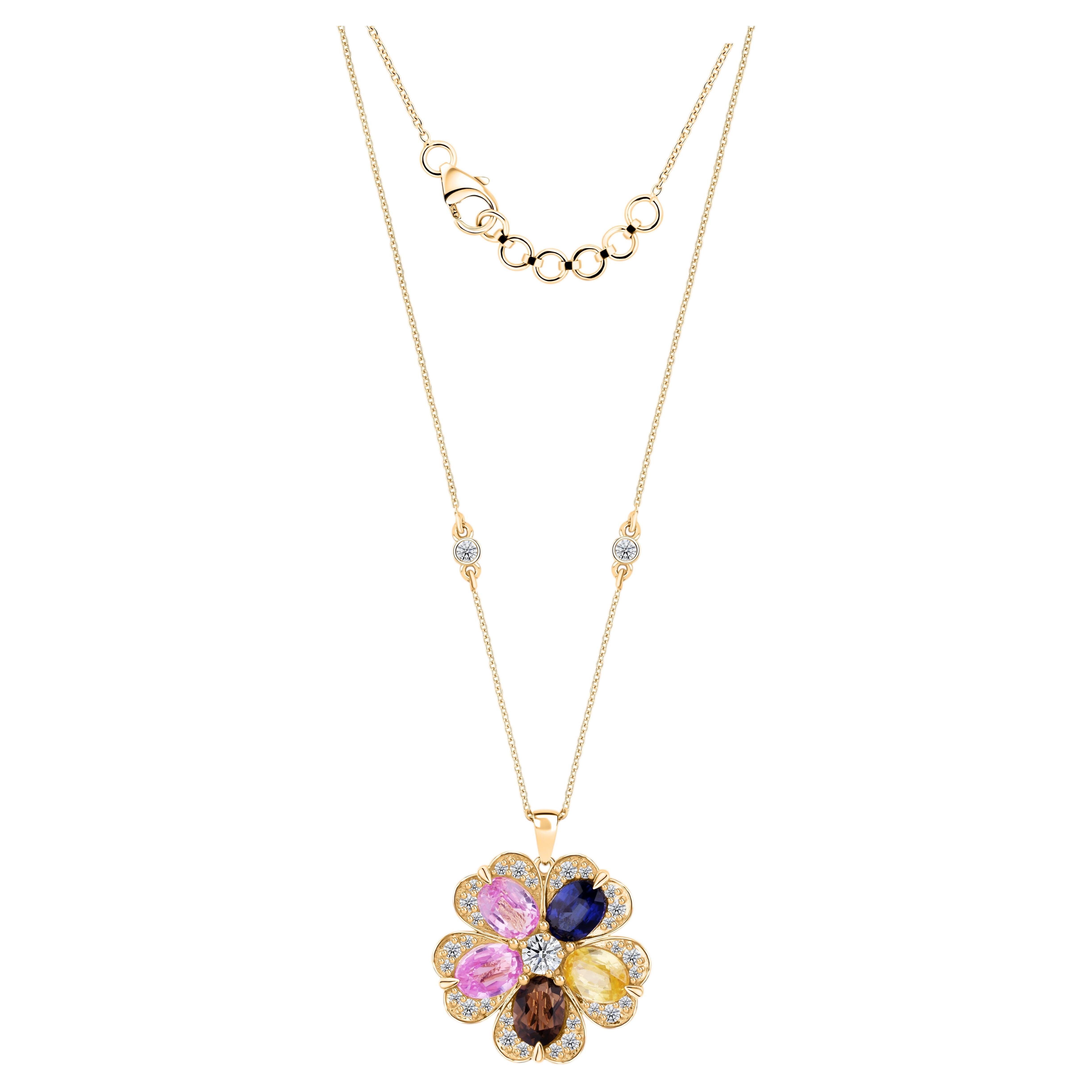 Collar de diamantes con colgante floral con varios zafiros, en oro amarillo de 18k