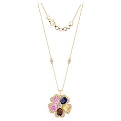 Multi Sapphire Gemstone Floral Charm Pendant Diamond Necklace 18k Yellow Gold