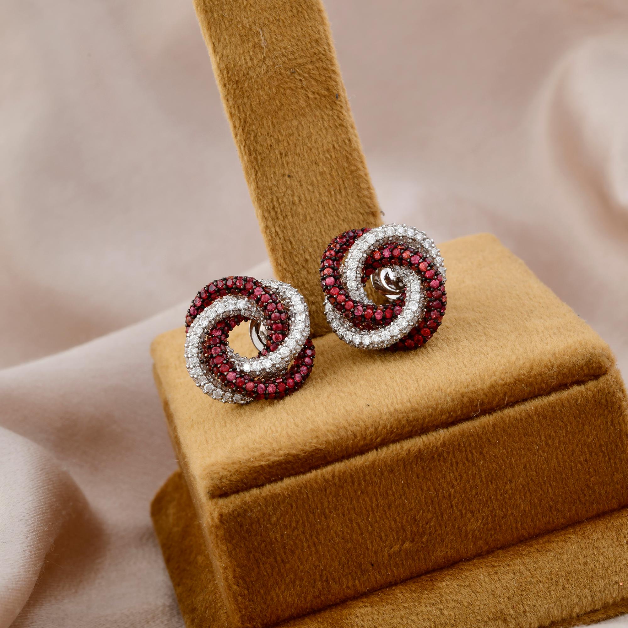 Round Cut Multi Sapphire Gemstone Knot Design Earrings Diamond Pave 14 Karat White Gold For Sale
