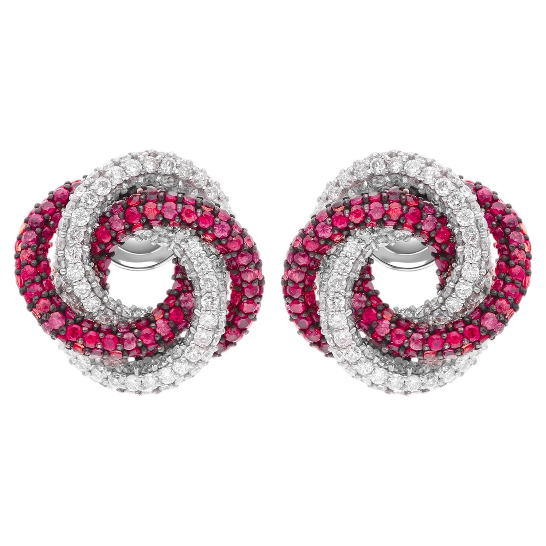 Multi Sapphire Gemstone Knot Design Earrings Diamond Pave 14 Karat White Gold For Sale
