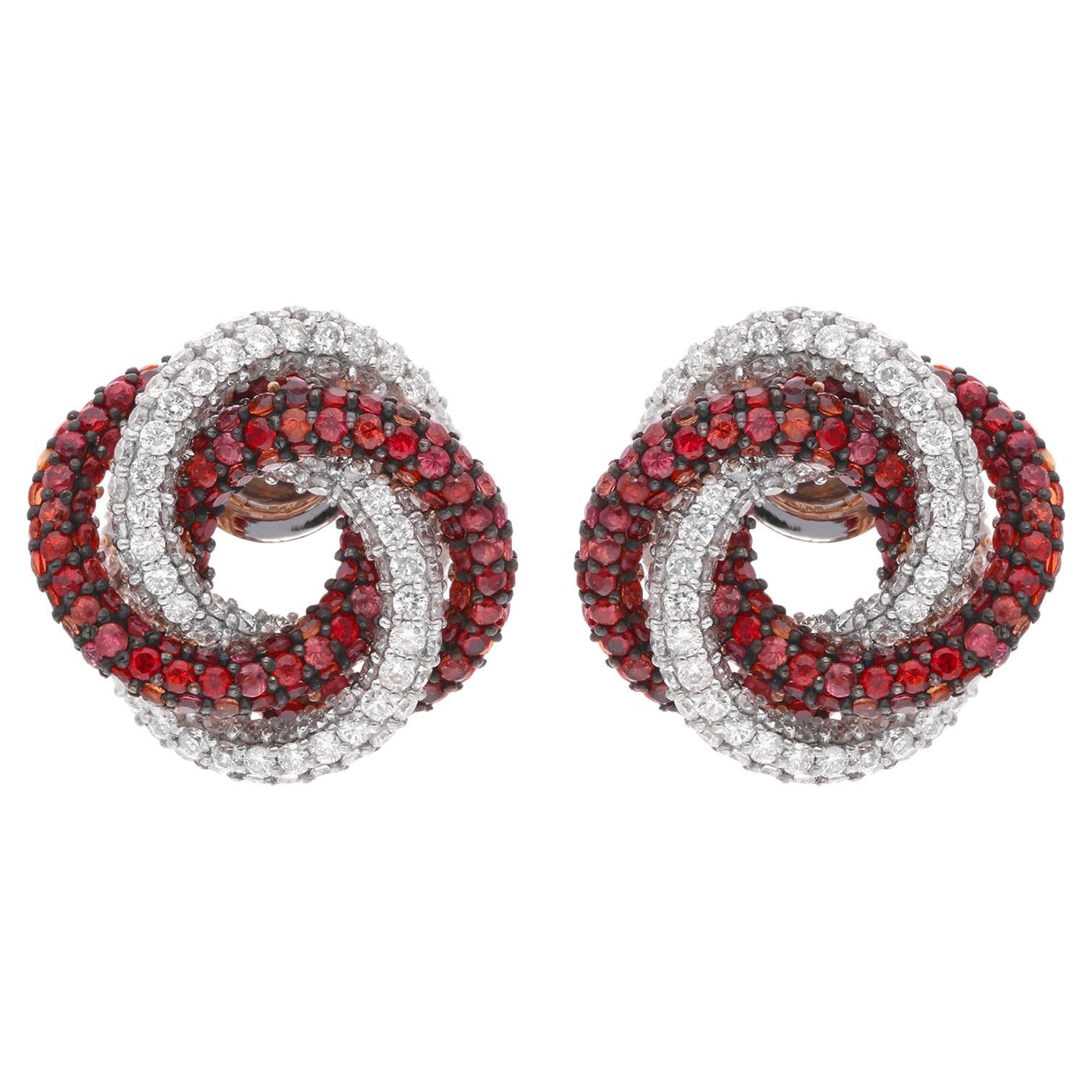 Multi Sapphire Gemstone Knot Design Earrings Diamond Pave 18 Karat White Gold For Sale