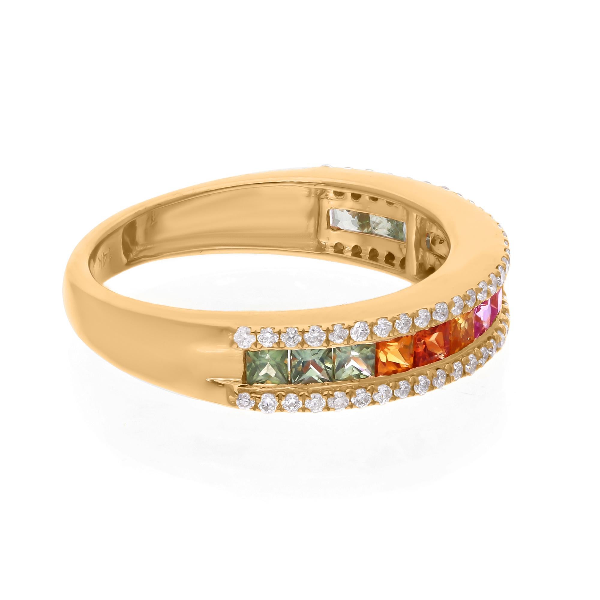 Cast from 14-karat gold, these exquisite ring is handset with 1.10 carats multi colored sapphire gemstone and 0.32 carats of sparkling diamonds.

The ring is a size 7 and may be resized to larger or smaller upon request. FOLLOW SPECTRUM JEWELS