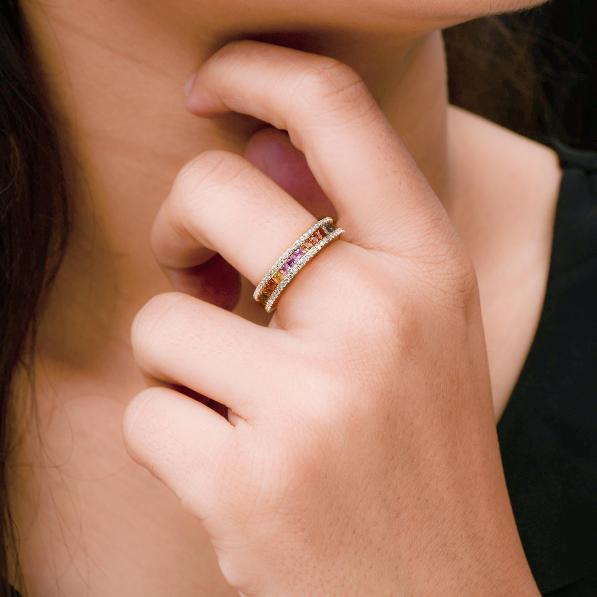 Princess Cut Multi Sapphire Gemstone Ring SI Clarity HI Color Diamond 14 Karat Yellow Gold For Sale